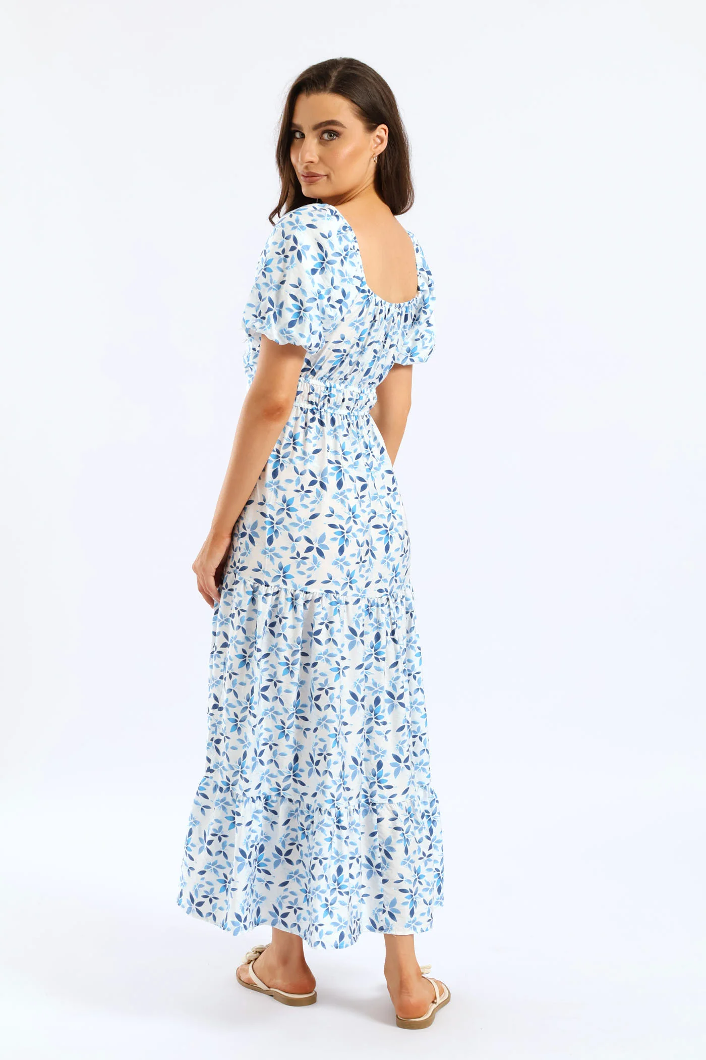 Bubble Sleeve Cut-Out Tiered Maxi Dress - White/Blue - Image 4