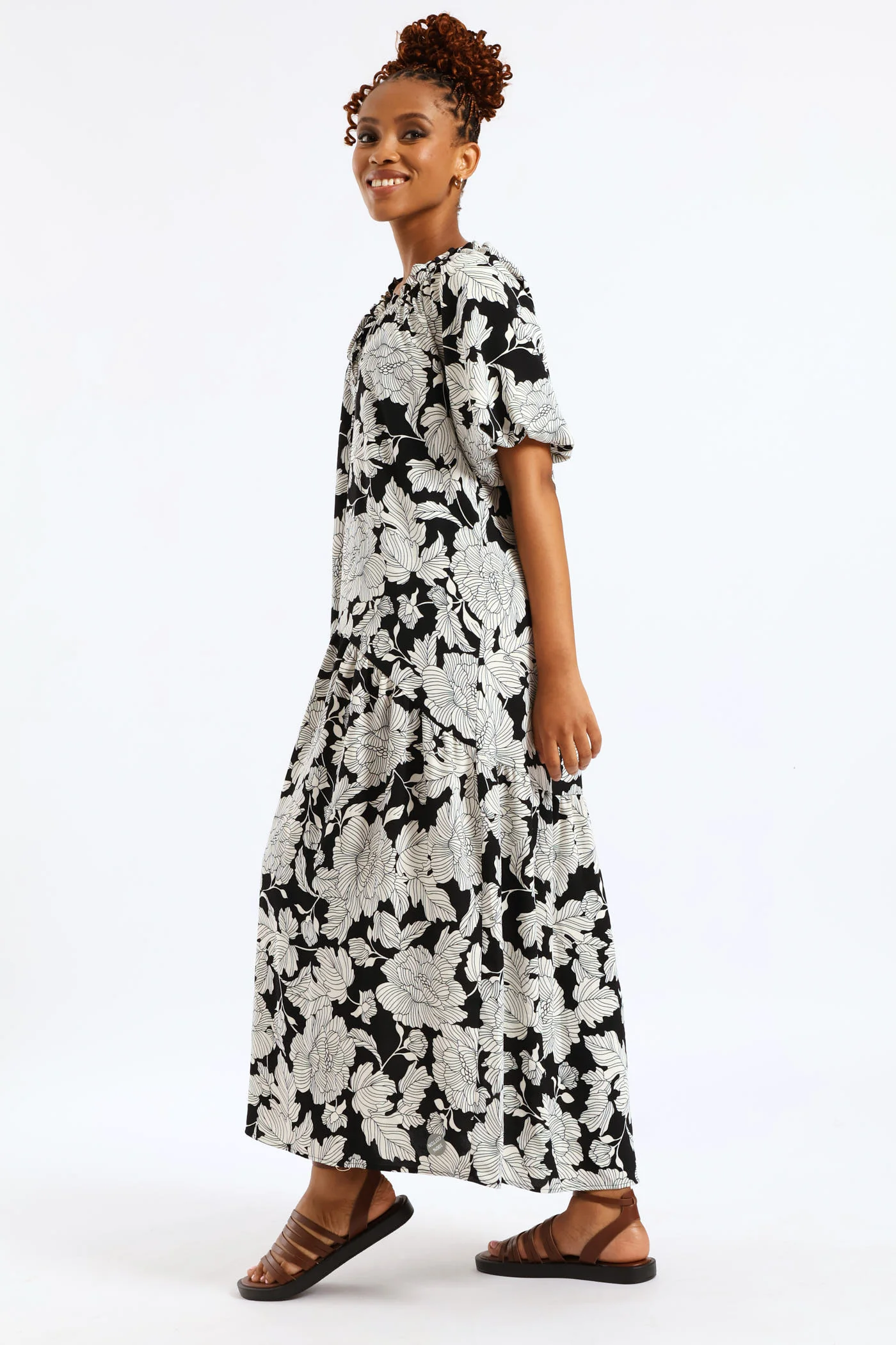 Bubble Sleeve Frill Neck Drop Waist Maxi Dress - Black/White - Image 2