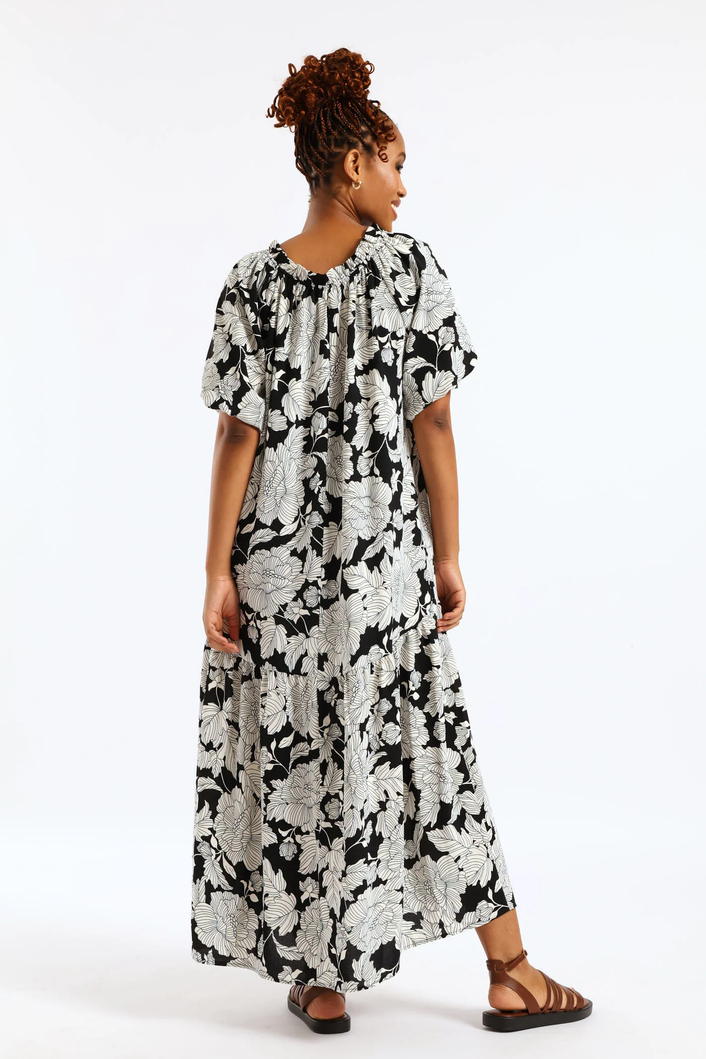 Bubble Sleeve Frill Neck Drop Waist Maxi Dress - Black/White - Image 3