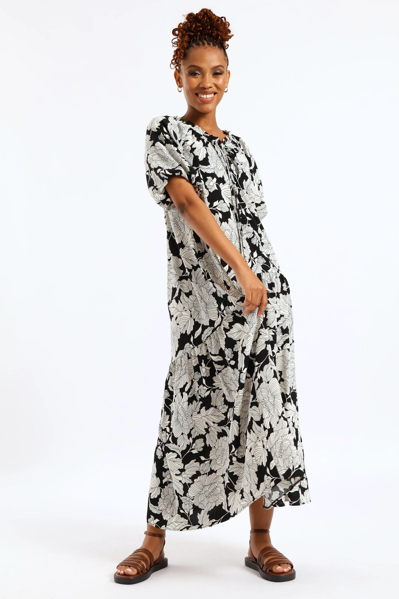 Bubble Sleeve Frill Neck Drop Waist Maxi Dress - Black/White - Image 6