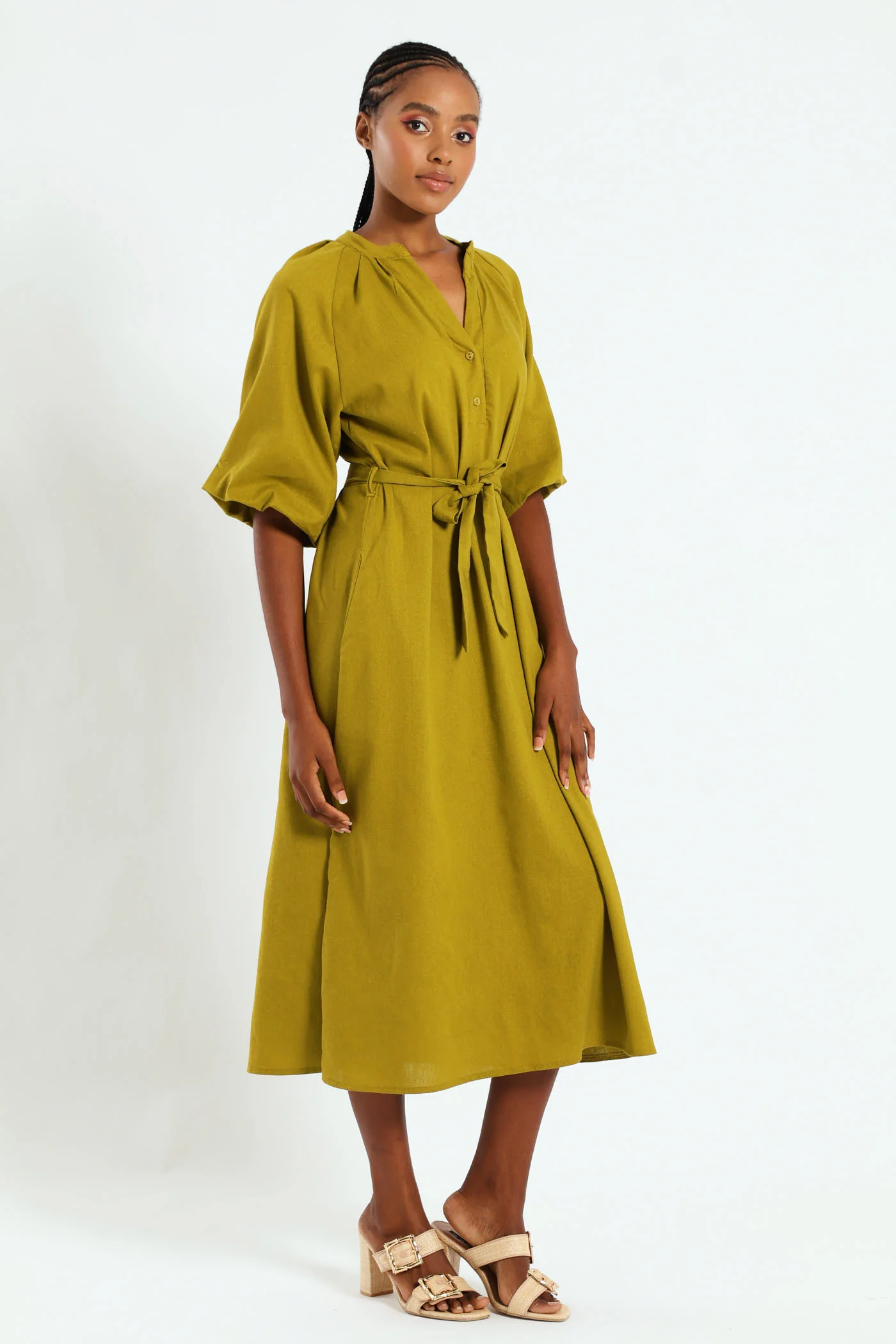 Bubble Sleeve Half Placket Belted Midaxi Dress - Chartreuse - Image 2