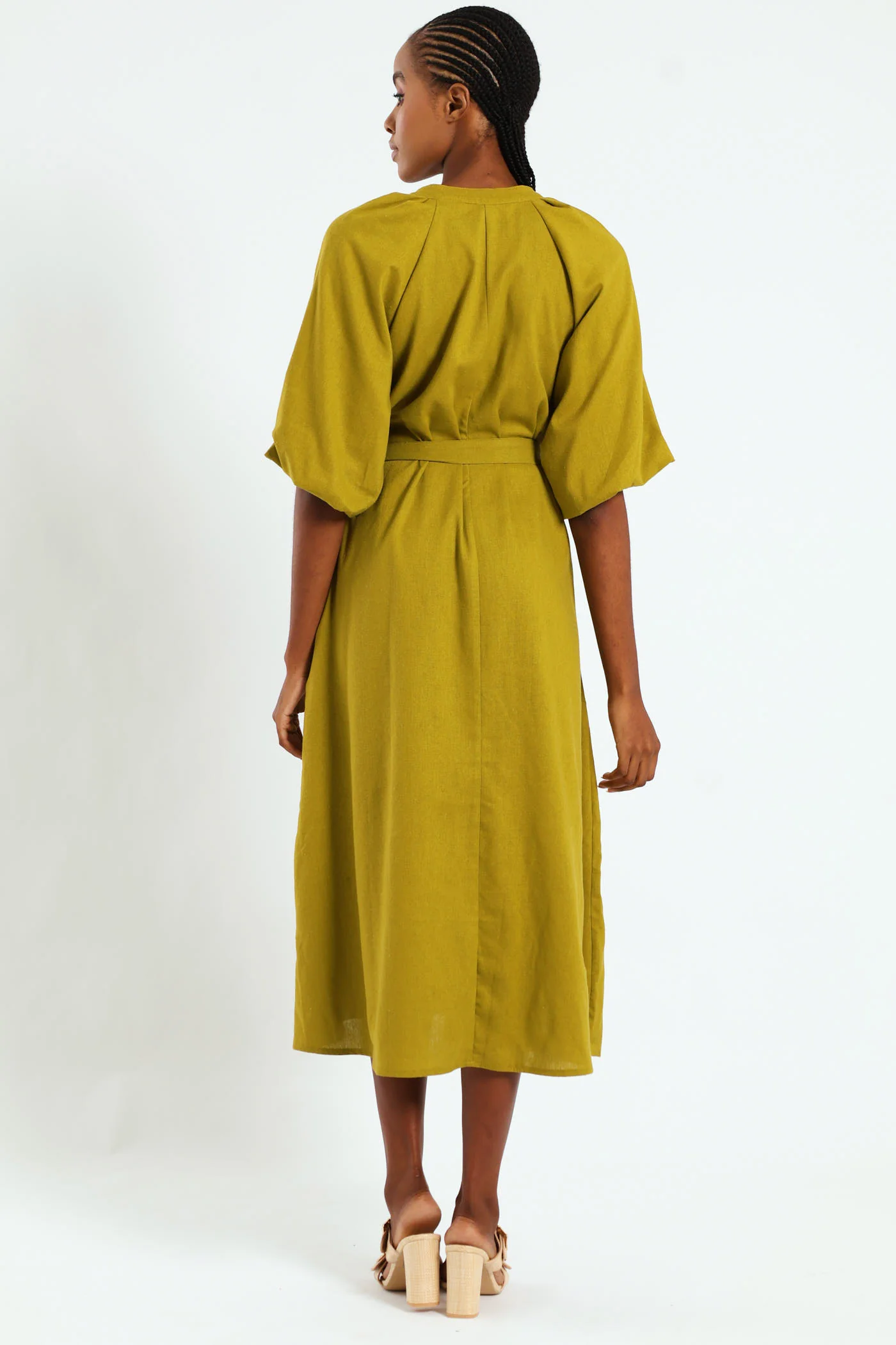 Bubble Sleeve Half Placket Belted Midaxi Dress - Chartreuse - Image 3
