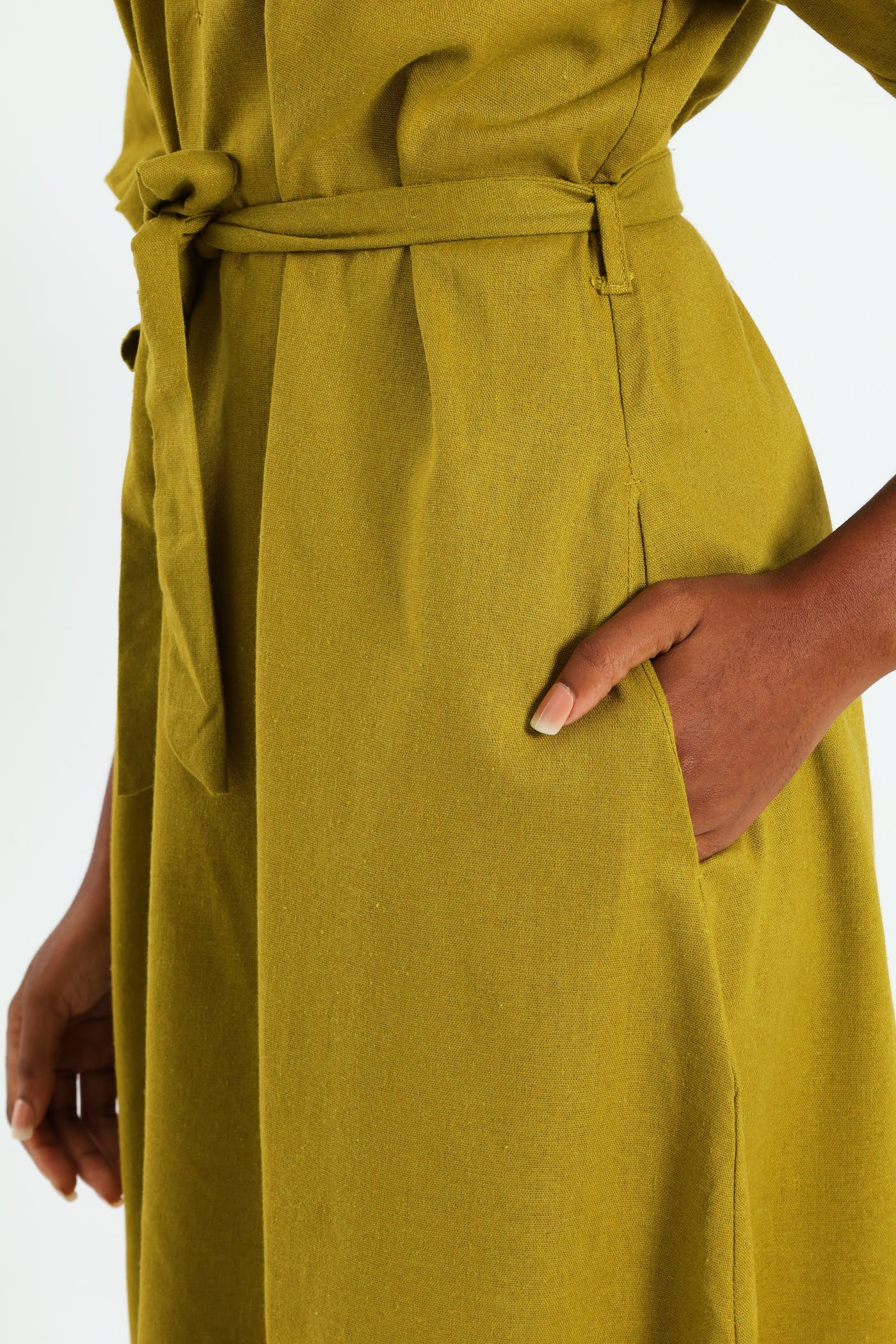 Bubble Sleeve Half Placket Belted Midaxi Dress - Chartreuse - Image 4