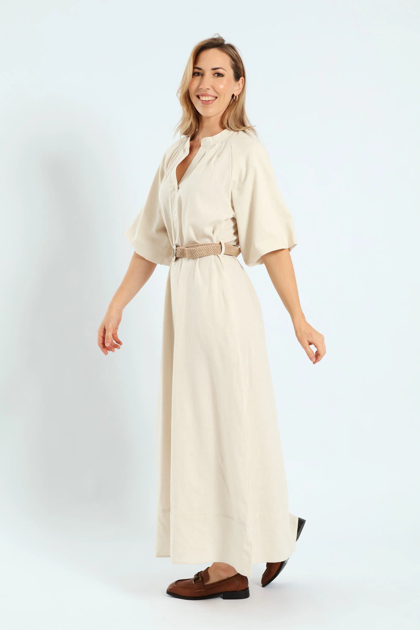 Bubble Sleeve Half Placket Raffia Belt Midaxi Dress - Oatmeal Melange - Image 2