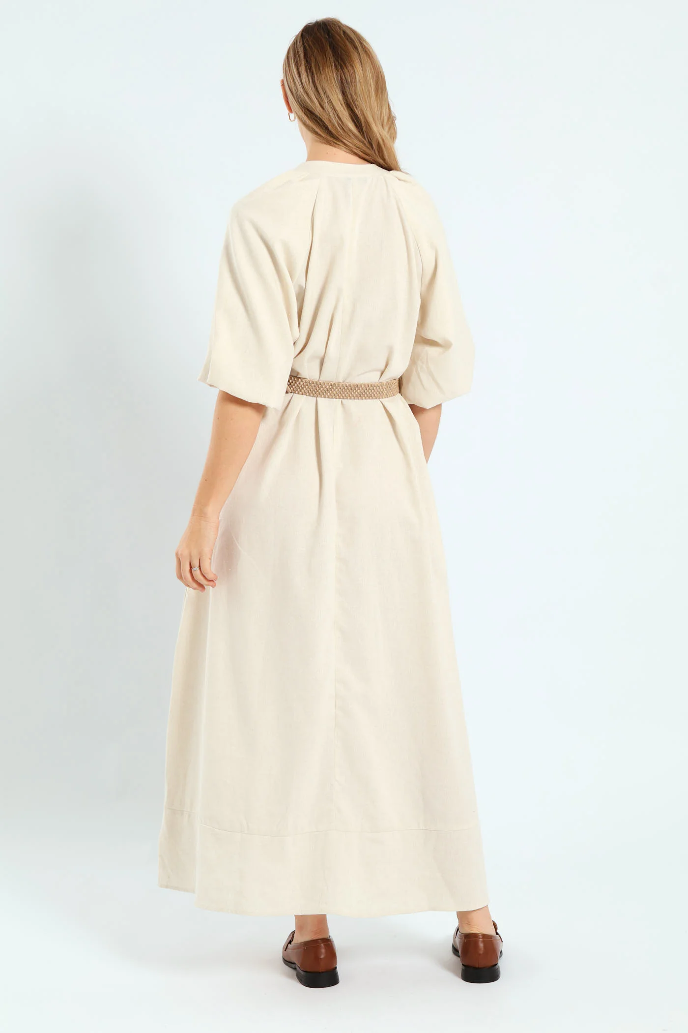 Bubble Sleeve Half Placket Raffia Belt Midaxi Dress - Oatmeal Melange - Image 3