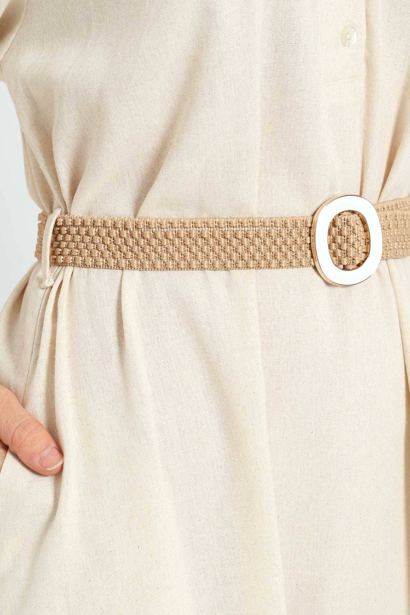 Bubble Sleeve Half Placket Raffia Belt Midaxi Dress - Oatmeal Melange - Image 4