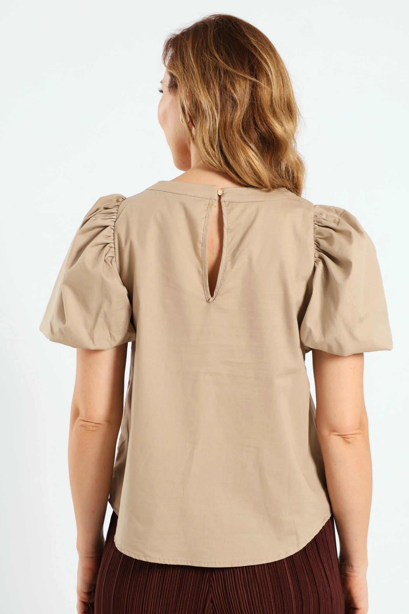 Bubble Sleeve Neck Motif Poplin Top - Dark Beige - Image 3