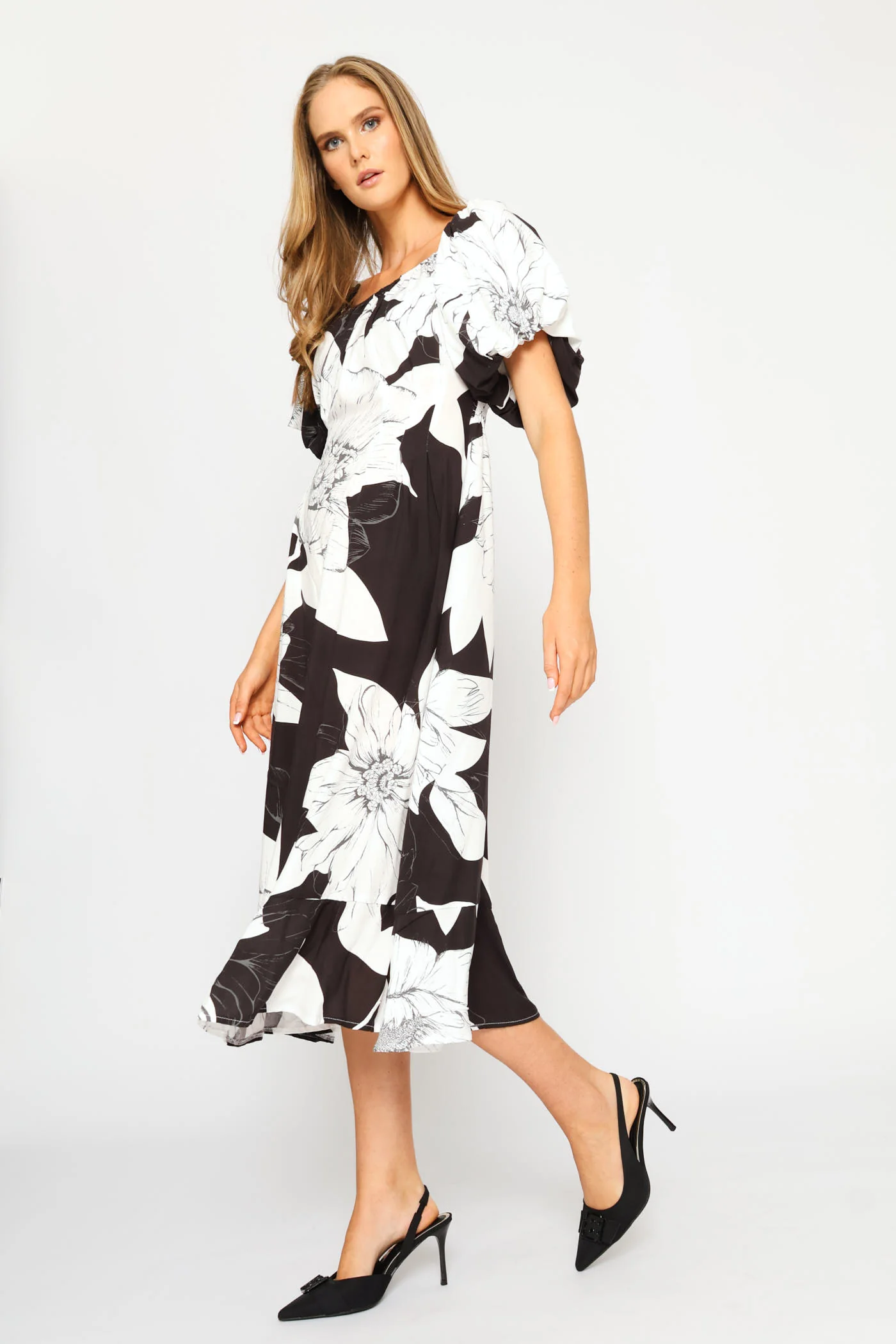 Bubble Sleeve Pintuck Detail Midaxi Dress - Black/White - Image 3