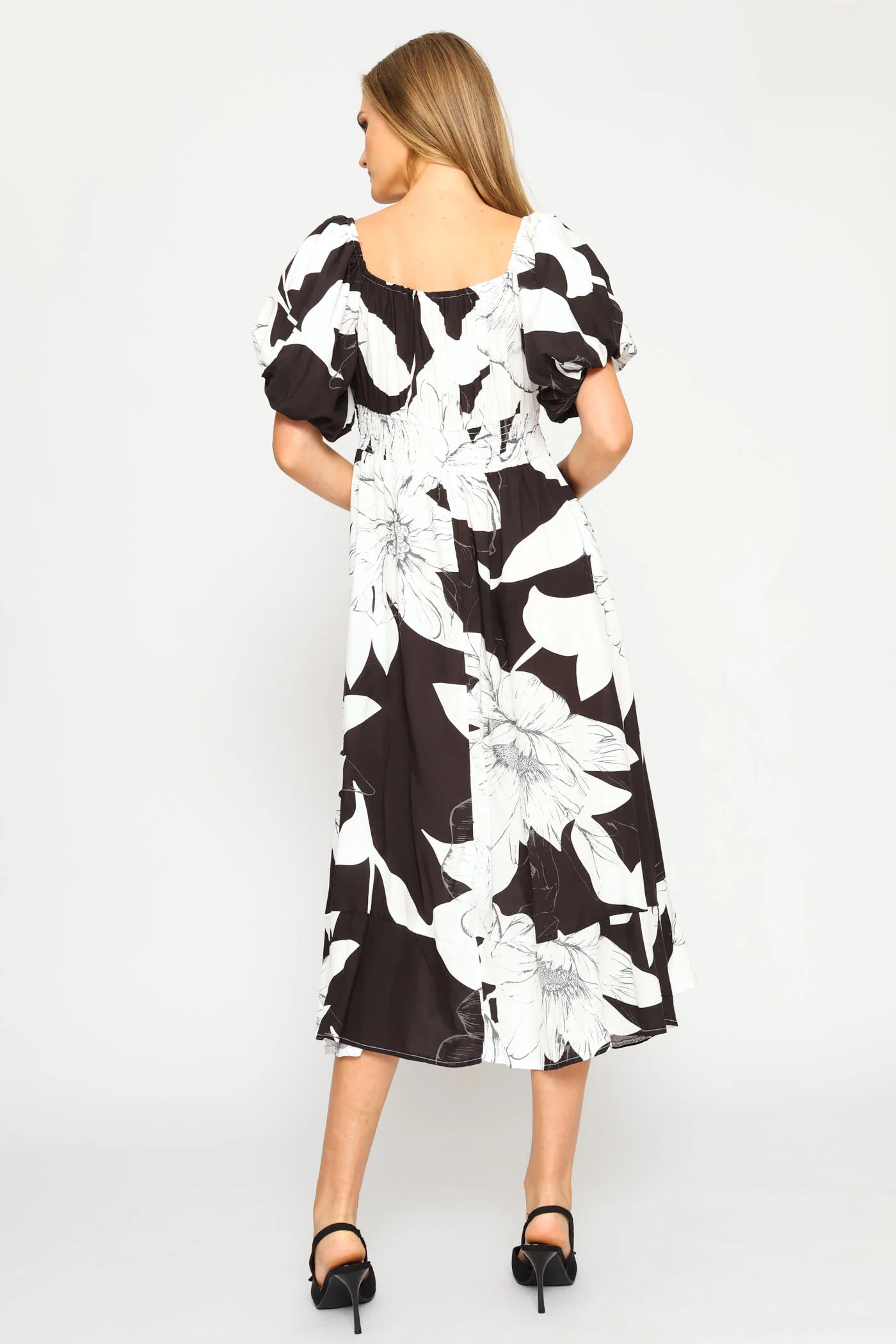 Bubble Sleeve Pintuck Detail Midaxi Dress - Black/White - Image 4