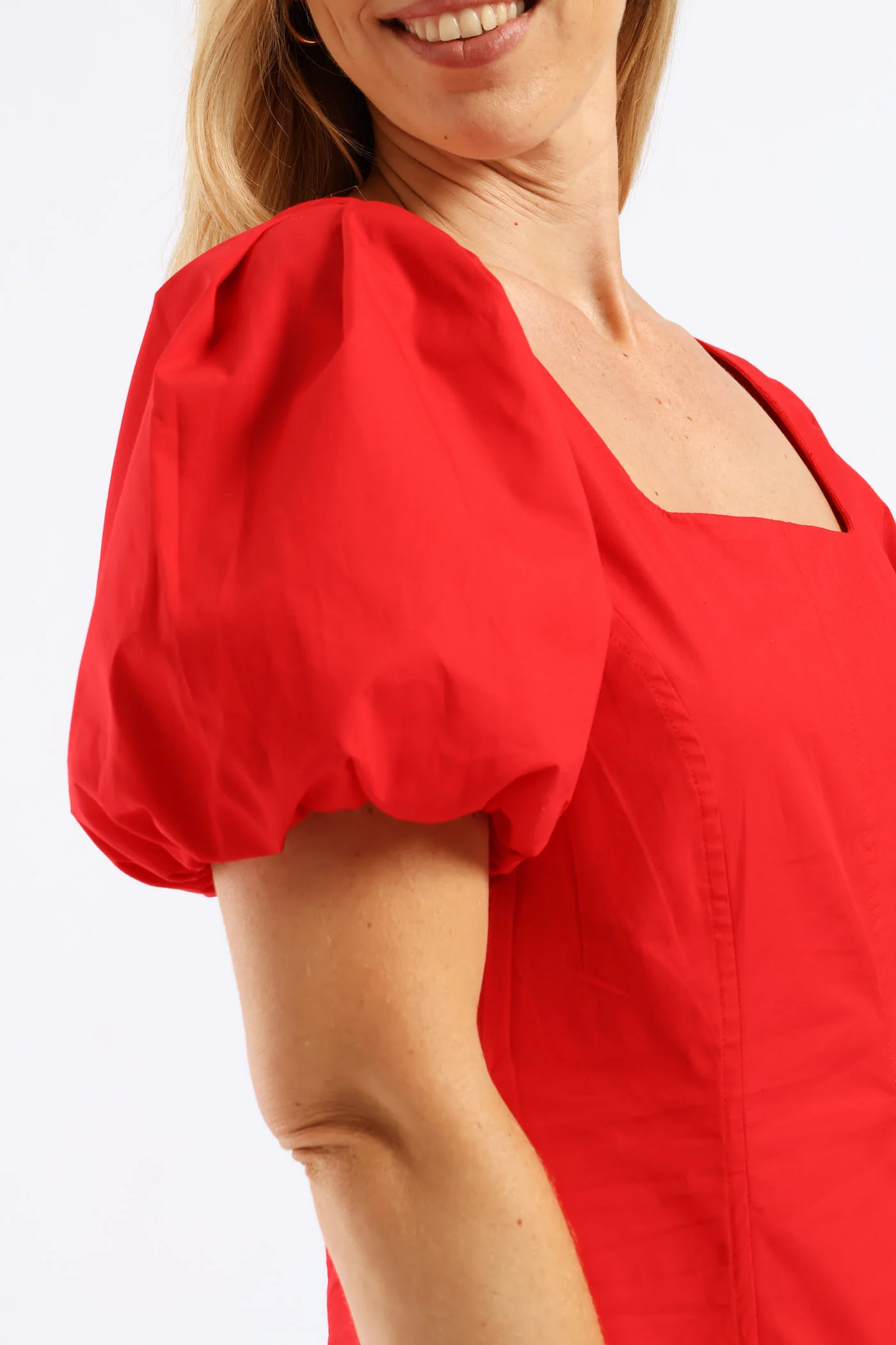 Bubble Sleeve Square Neck Panelled Midaxi Dress - Red - Image 2