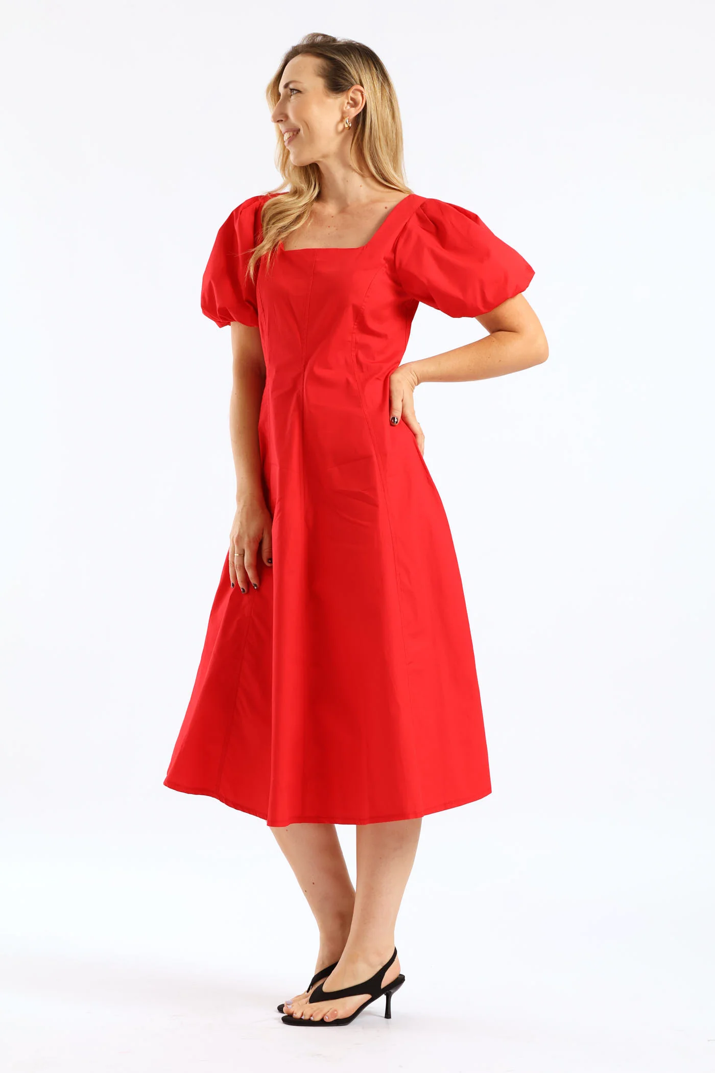 Bubble Sleeve Square Neck Panelled Midaxi Dress - Red - Image 3