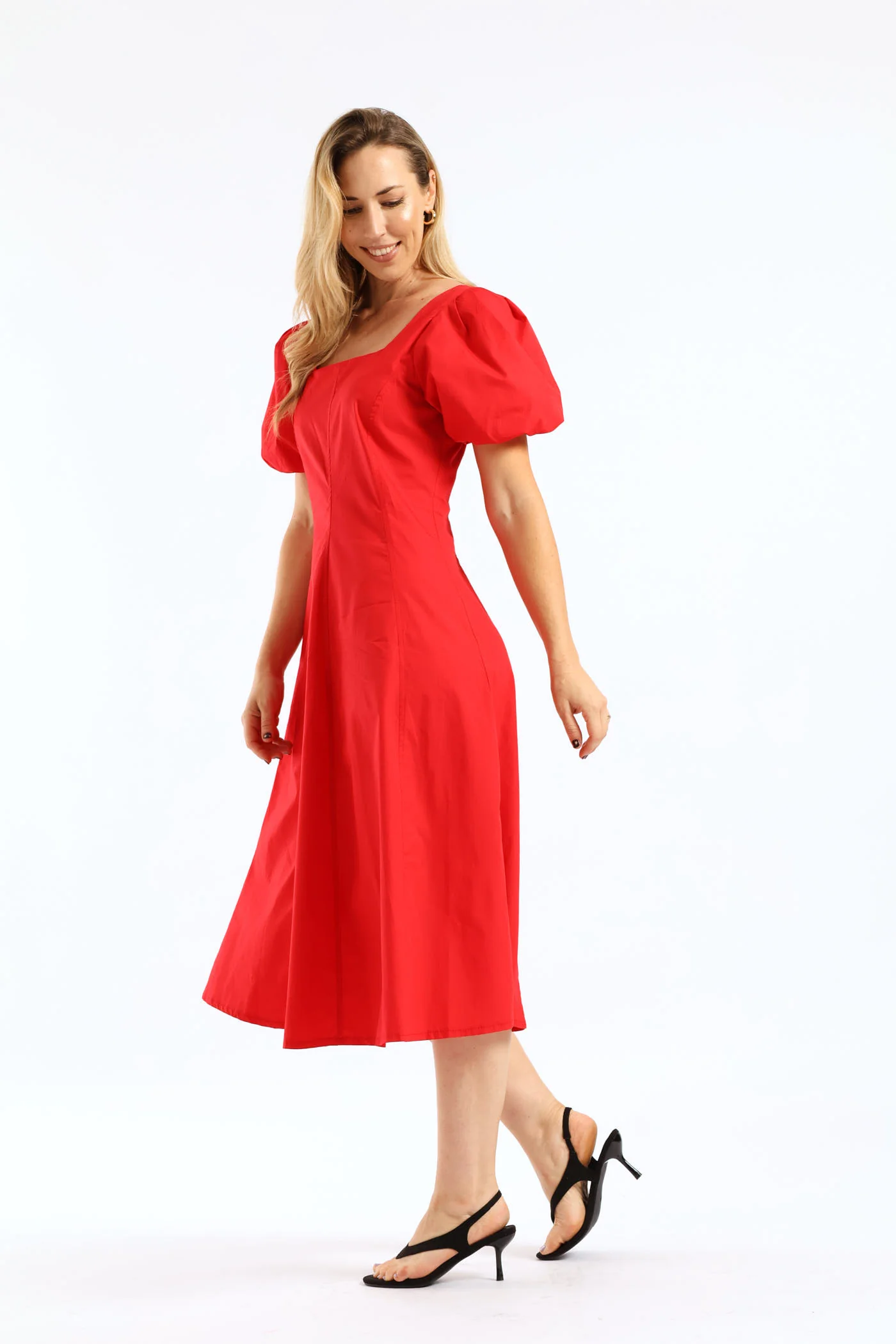 Bubble Sleeve Square Neck Panelled Midaxi Dress - Red - Image 4