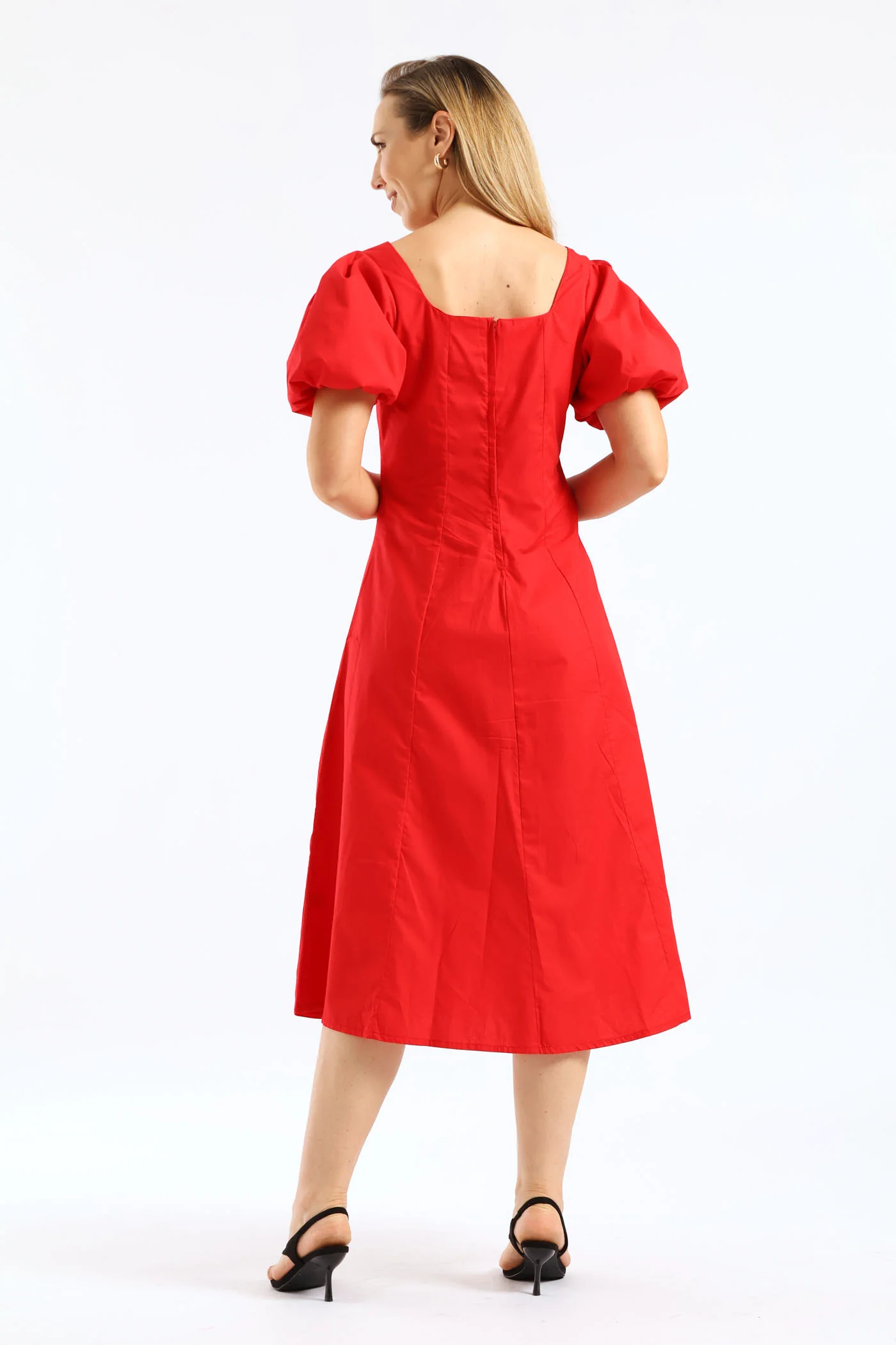 Bubble Sleeve Square Neck Panelled Midaxi Dress - Red - Image 5