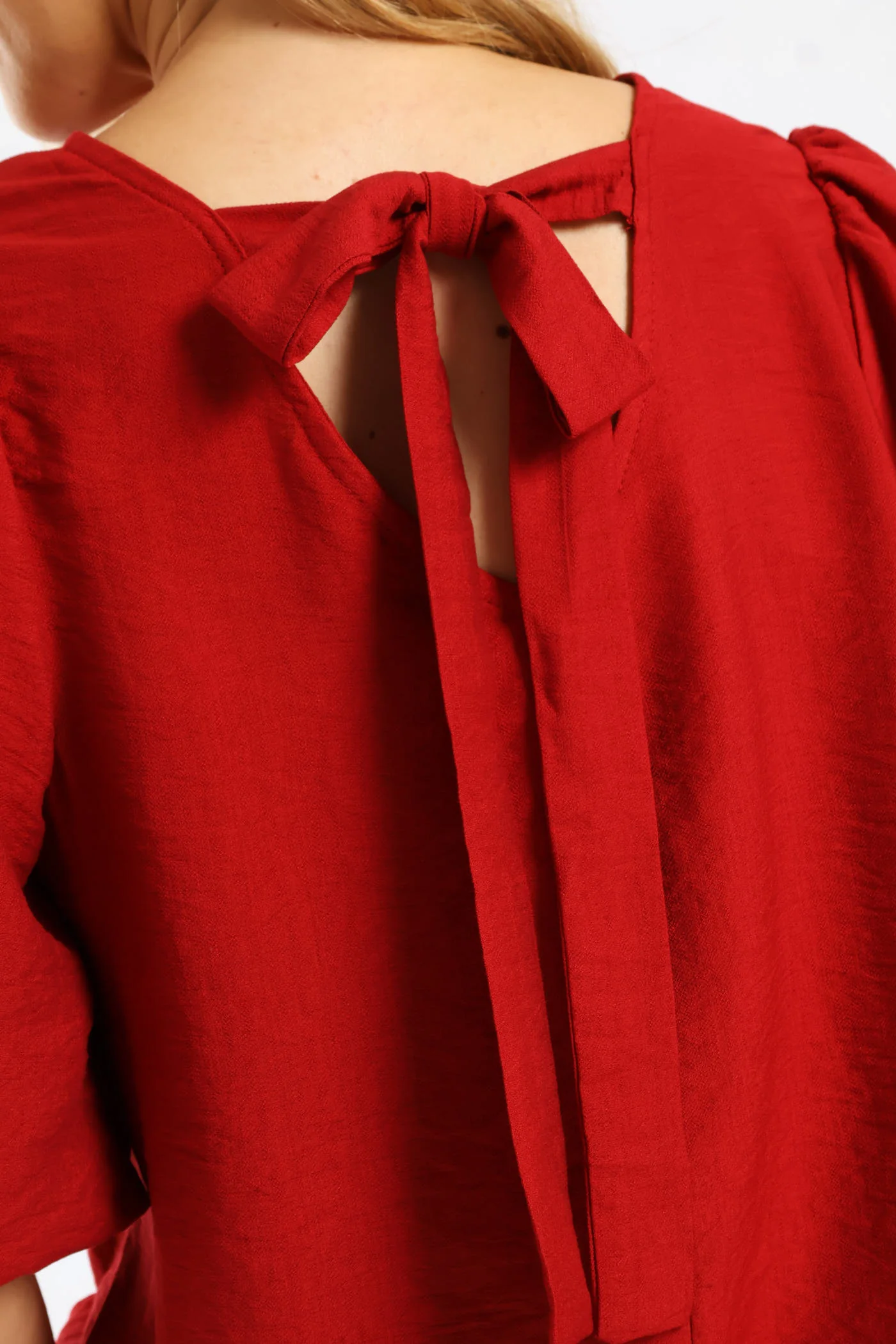 Bubble Sleeve Tie Back Blouse - Rust - Image 3