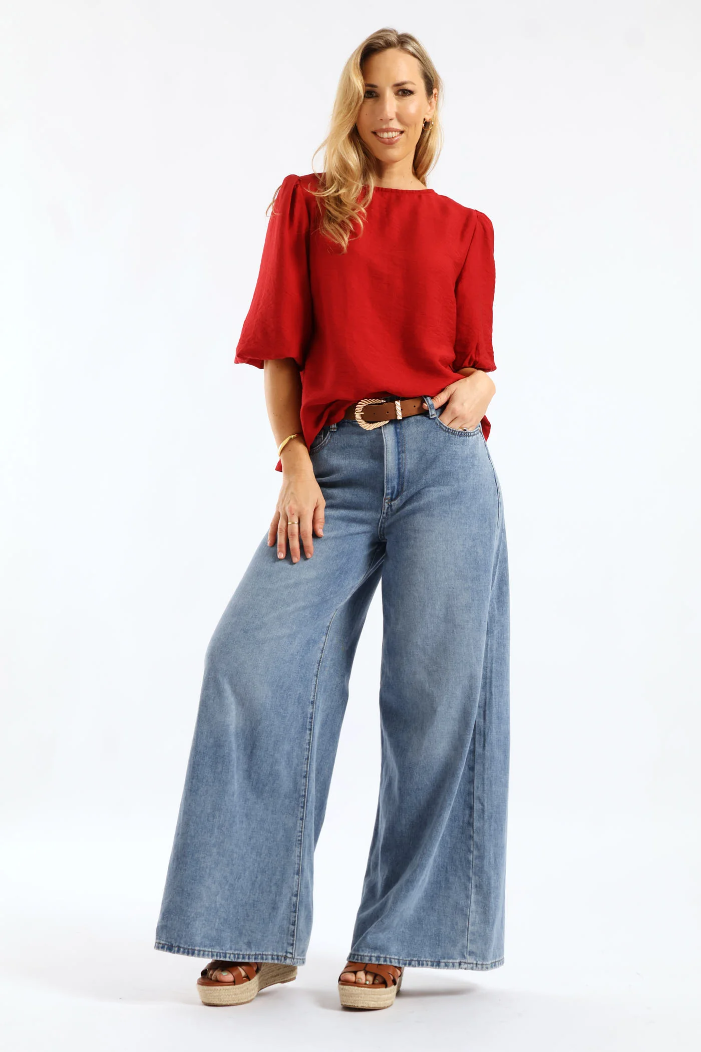 Bubble Sleeve Tie Back Blouse - Rust - Image 4