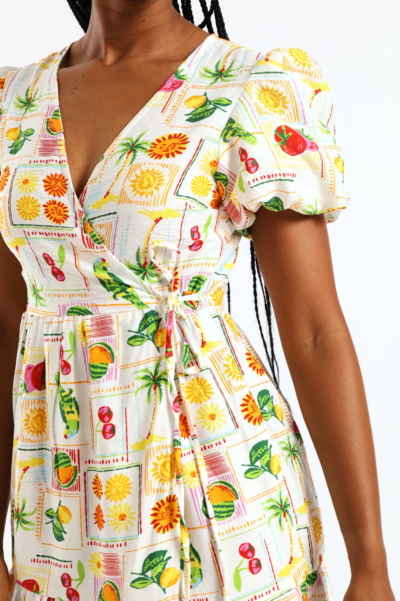 Bubble Sleeve Tiered Wrap Midi Dress - Multi - Image 2