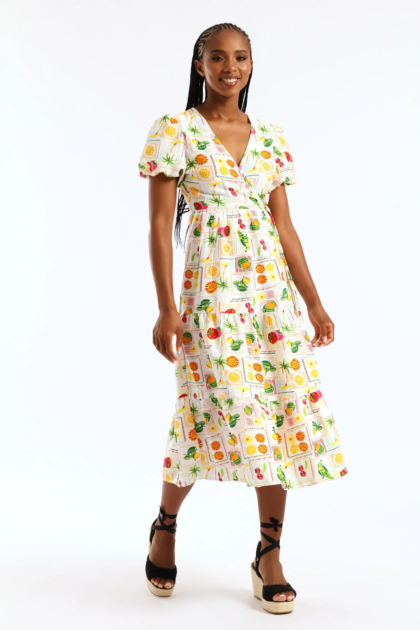 Bubble Sleeve Tiered Wrap Midi Dress - Multi - Image 3
