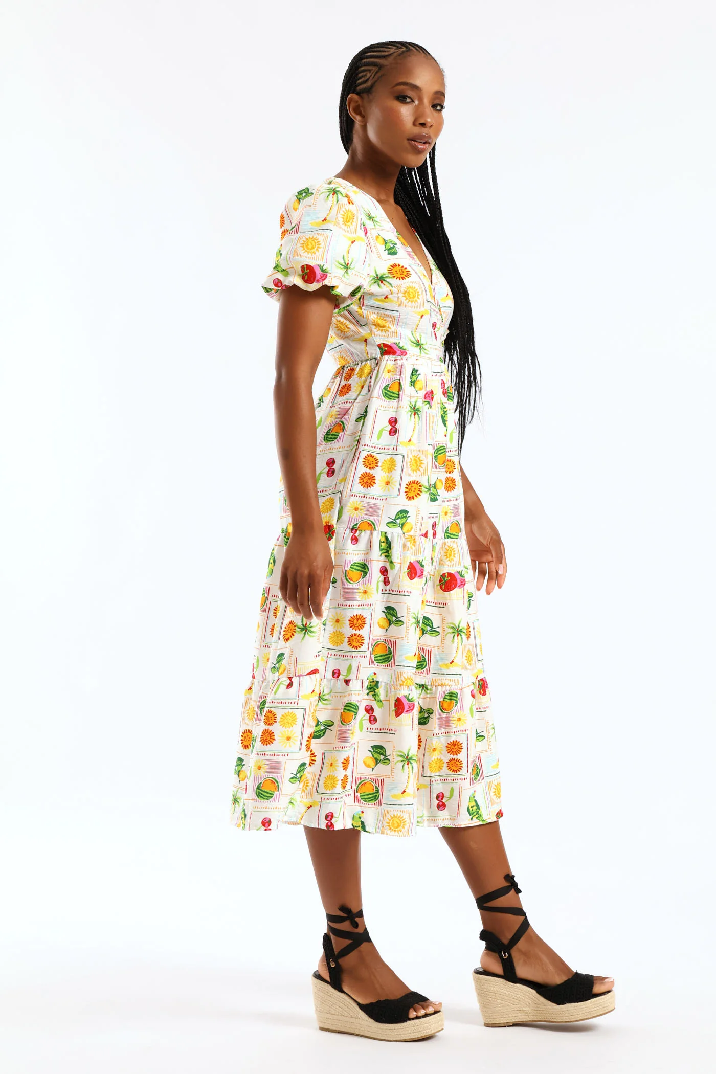 Bubble Sleeve Tiered Wrap Midi Dress - Multi - Image 4