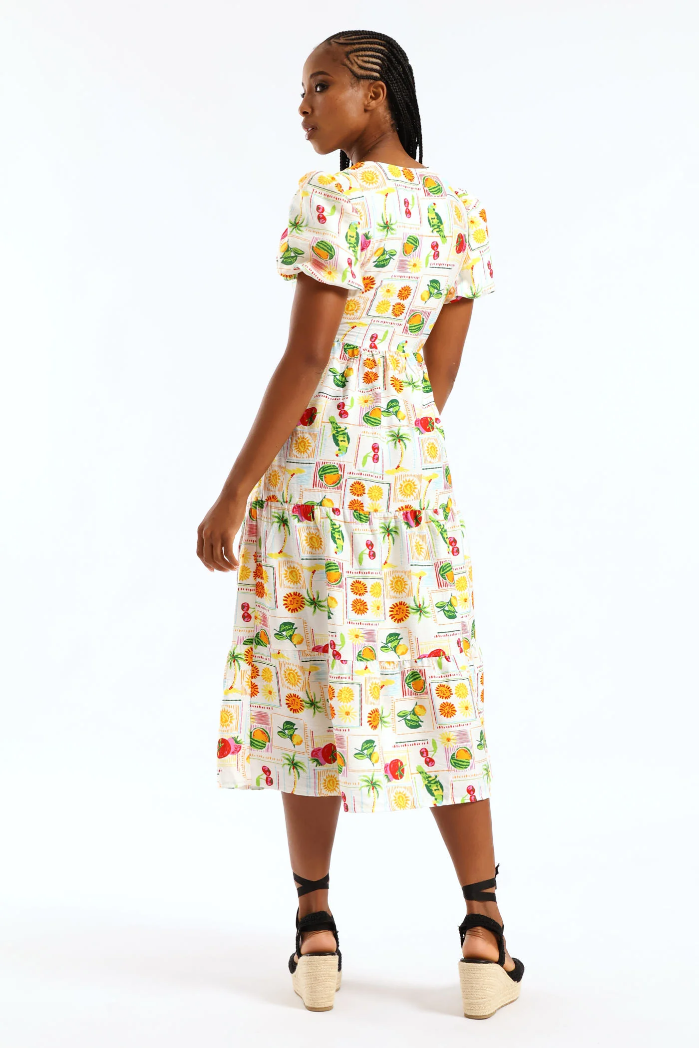 Bubble Sleeve Tiered Wrap Midi Dress - Multi - Image 5