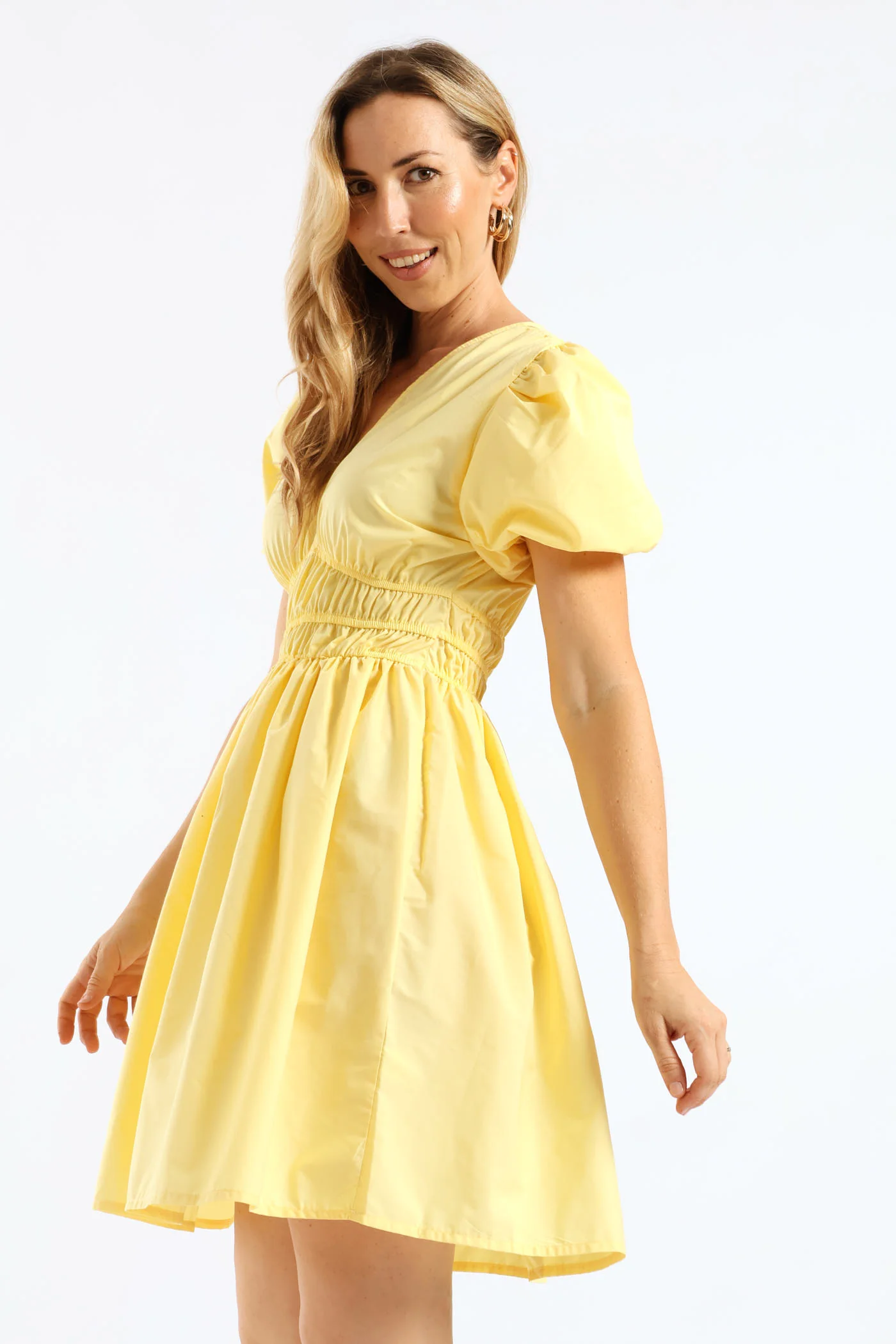 Bubble Sleeve V-Neck Elasticated Waist Fit & Flare Mini Dress - Light Yellow - Image 3