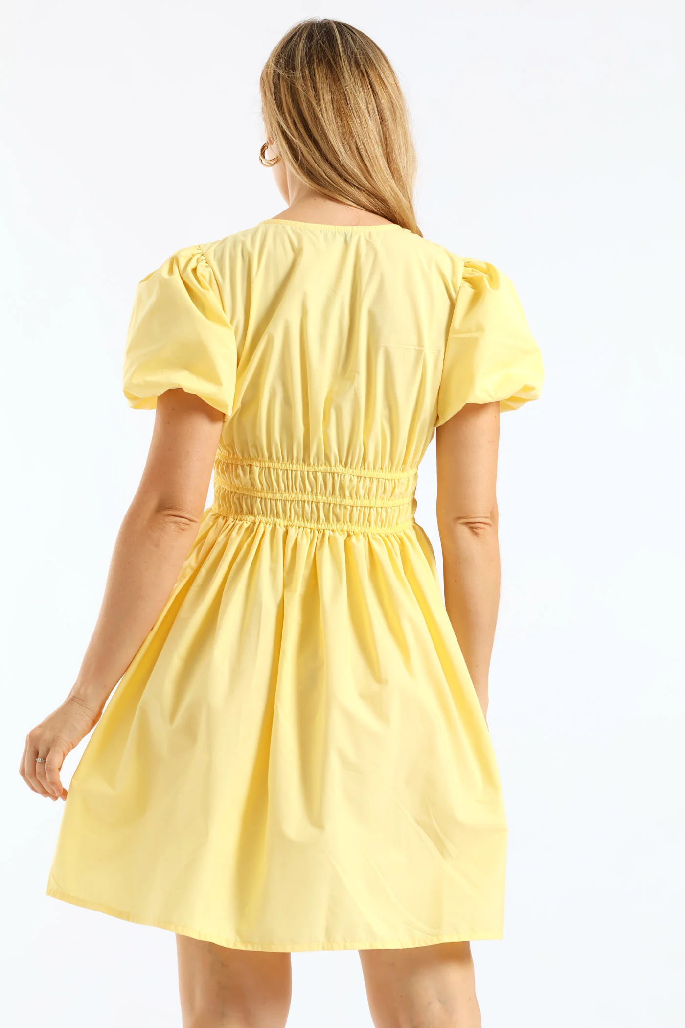 Bubble Sleeve V-Neck Elasticated Waist Fit & Flare Mini Dress - Light Yellow - Image 4