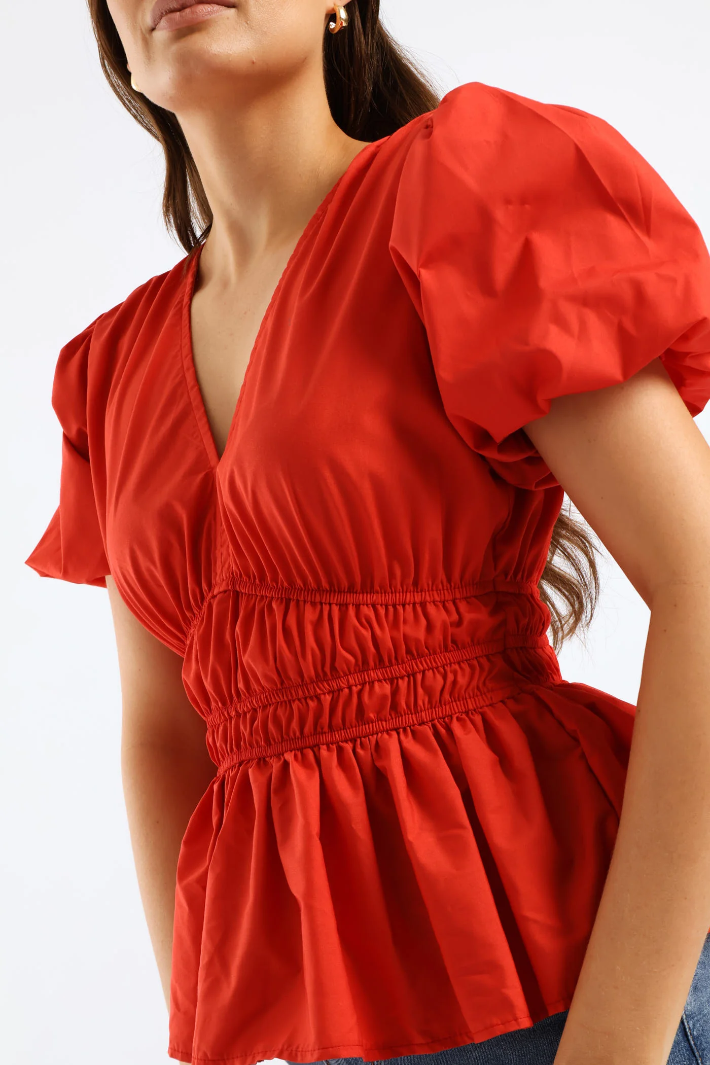 Bubble Sleeve V-Neck Peplum Blouse - Fiery Red - Image 2