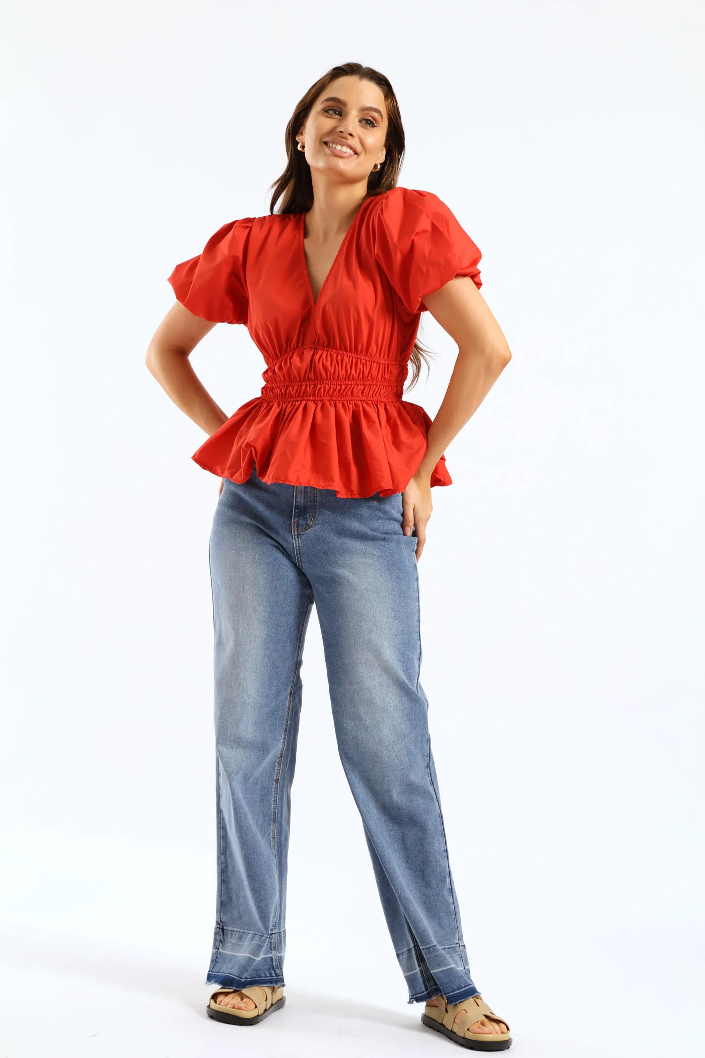 Bubble Sleeve V-Neck Peplum Blouse - Fiery Red - Image 3