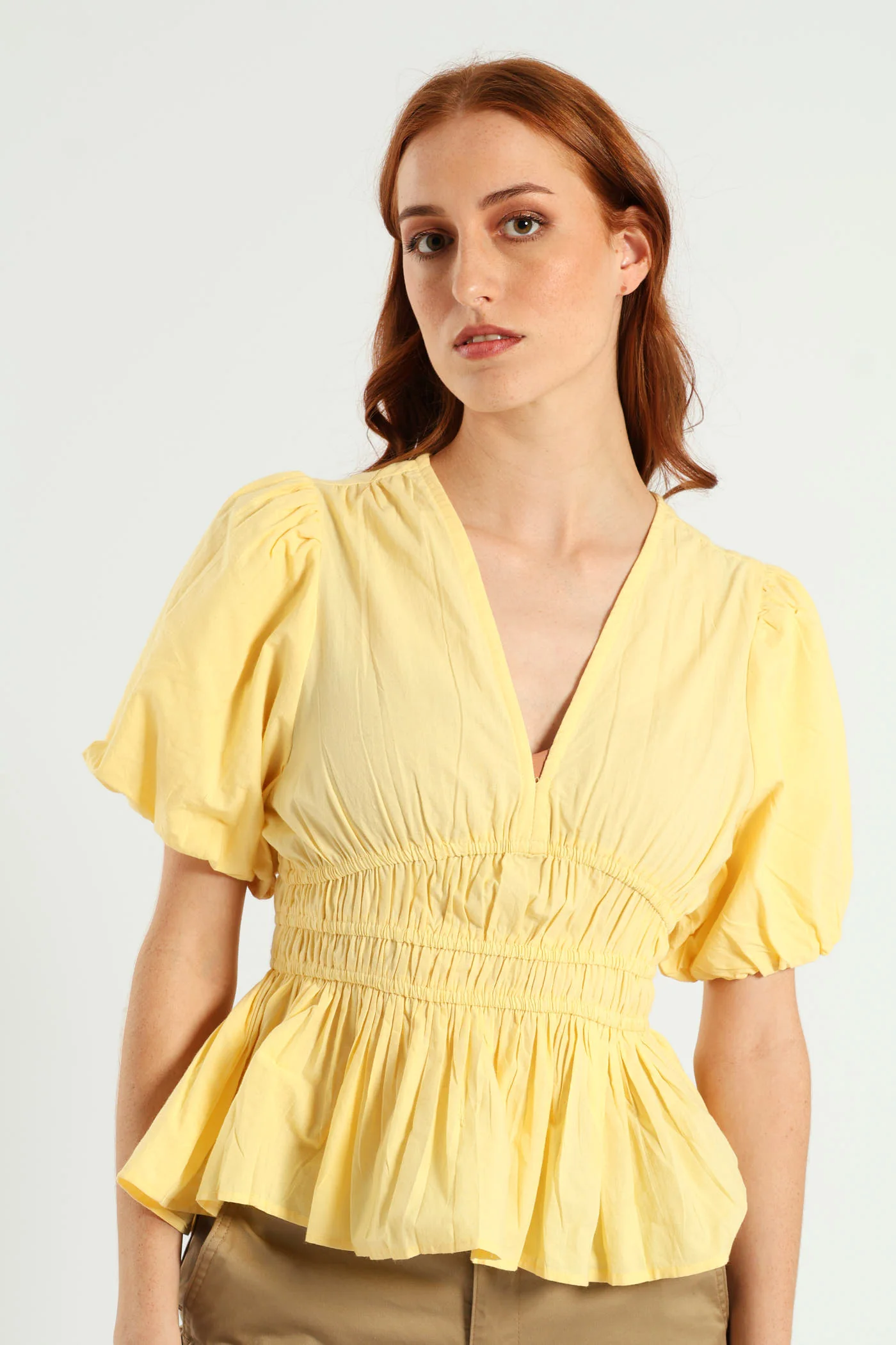Bubble Sleeve V-Neck Peplum Blouse - Light Yellow - Image 2