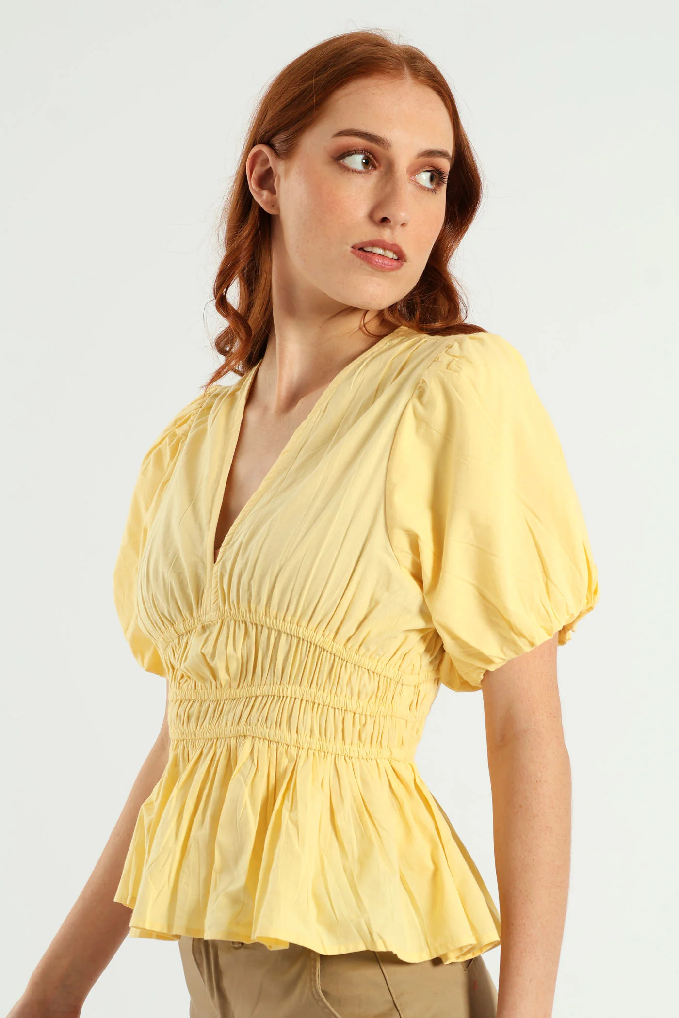 Bubble Sleeve V-Neck Peplum Blouse - Light Yellow - Image 3