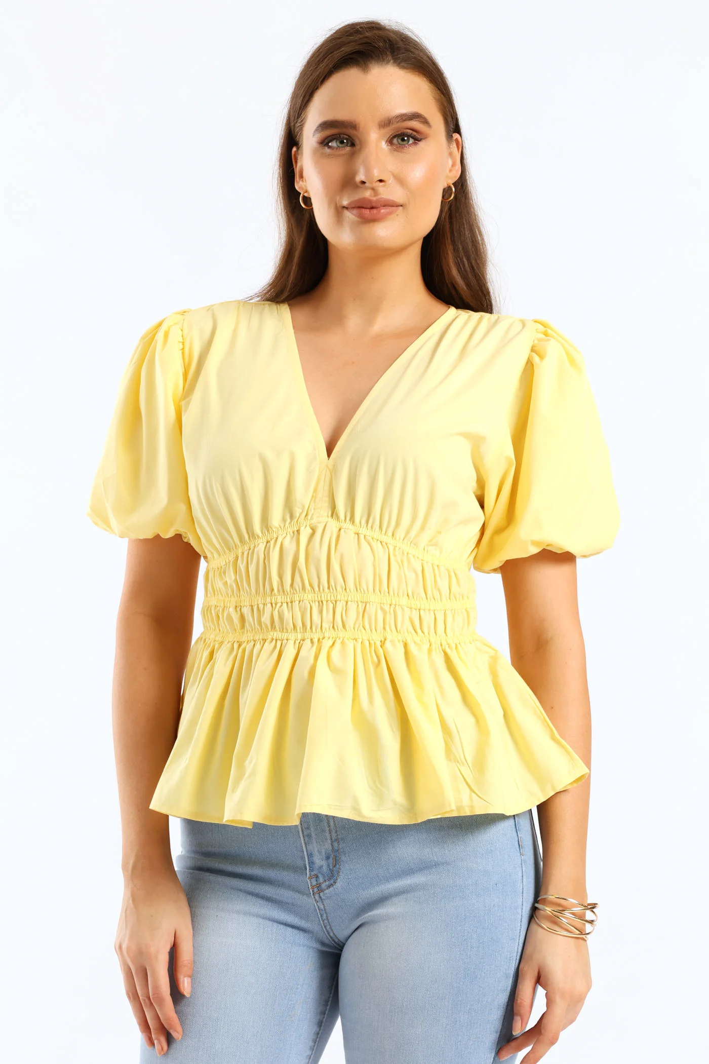 Bubble Sleeve V-Neck Peplum Blouse - Pastel Yellow - Image 3