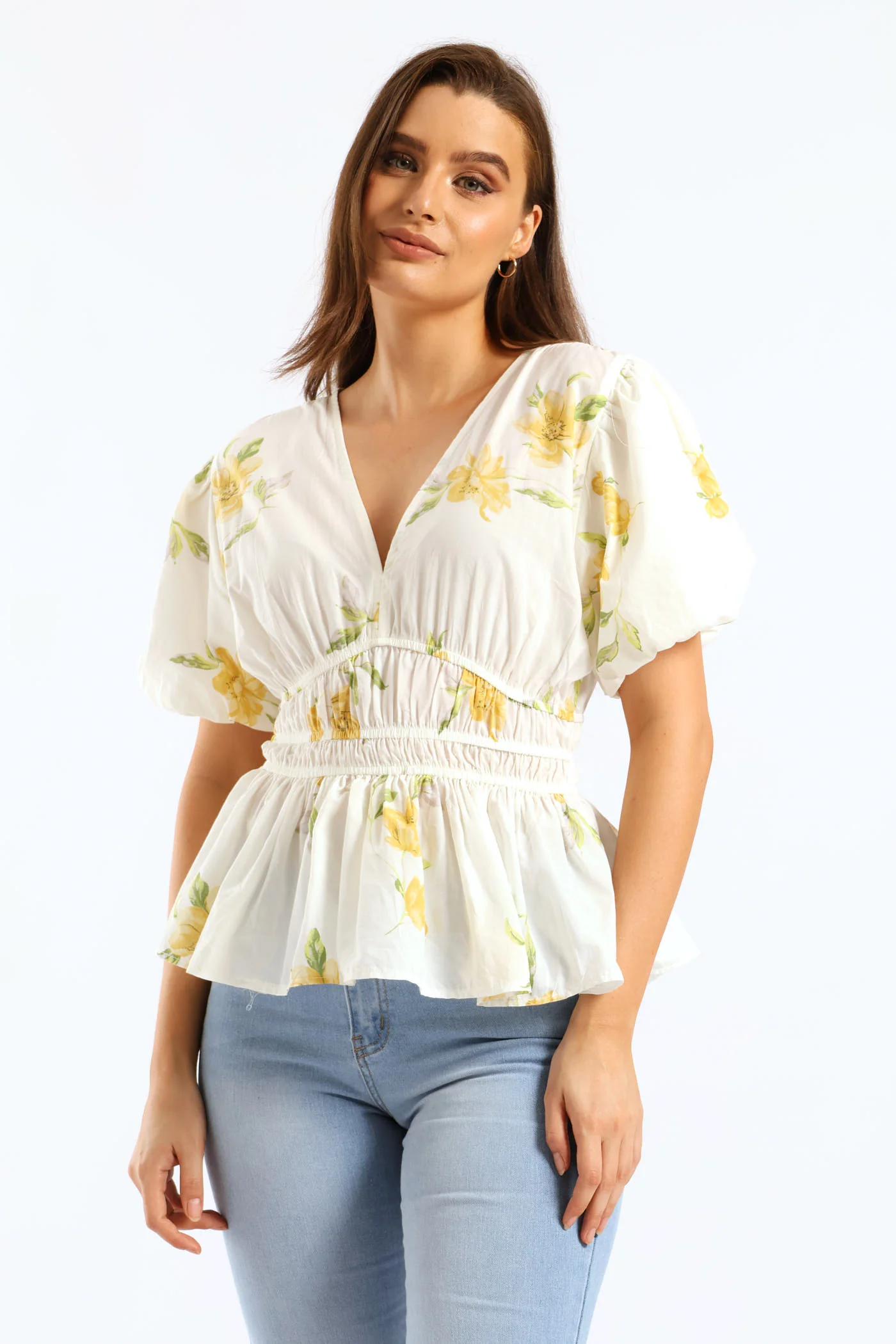 Bubble Sleeve V-Neck Peplum Blouse - White/Yellow - Image 3