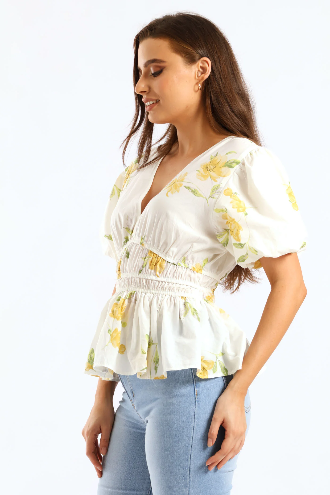 Bubble Sleeve V-Neck Peplum Blouse - White/Yellow - Image 4