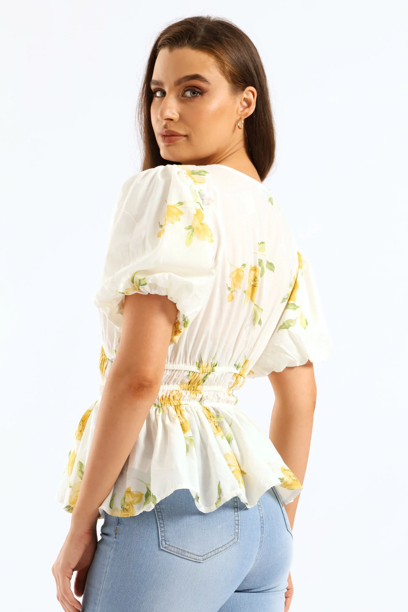 Bubble Sleeve V-Neck Peplum Blouse - White/Yellow - Image 5