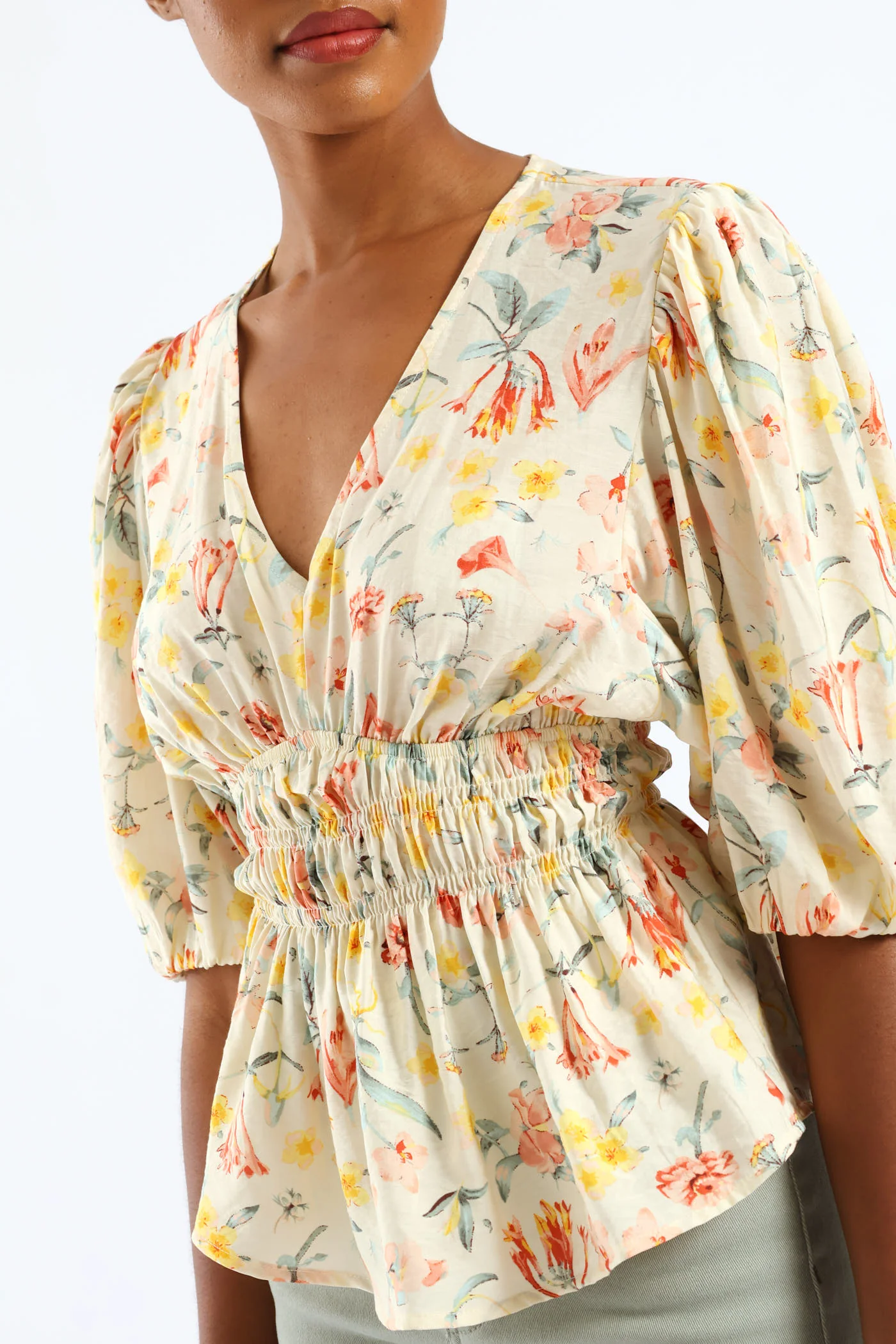 Bubble Sleeve V-Neck Peplum Printed Blouse - White - Image 2