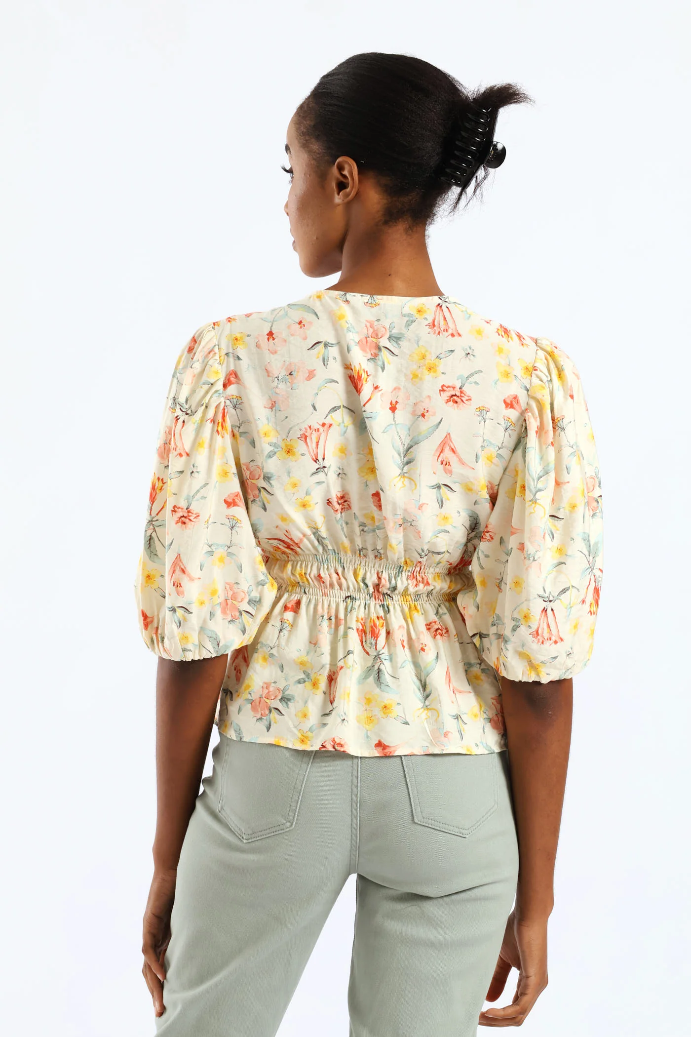 Bubble Sleeve V-Neck Peplum Printed Blouse - White - Image 3