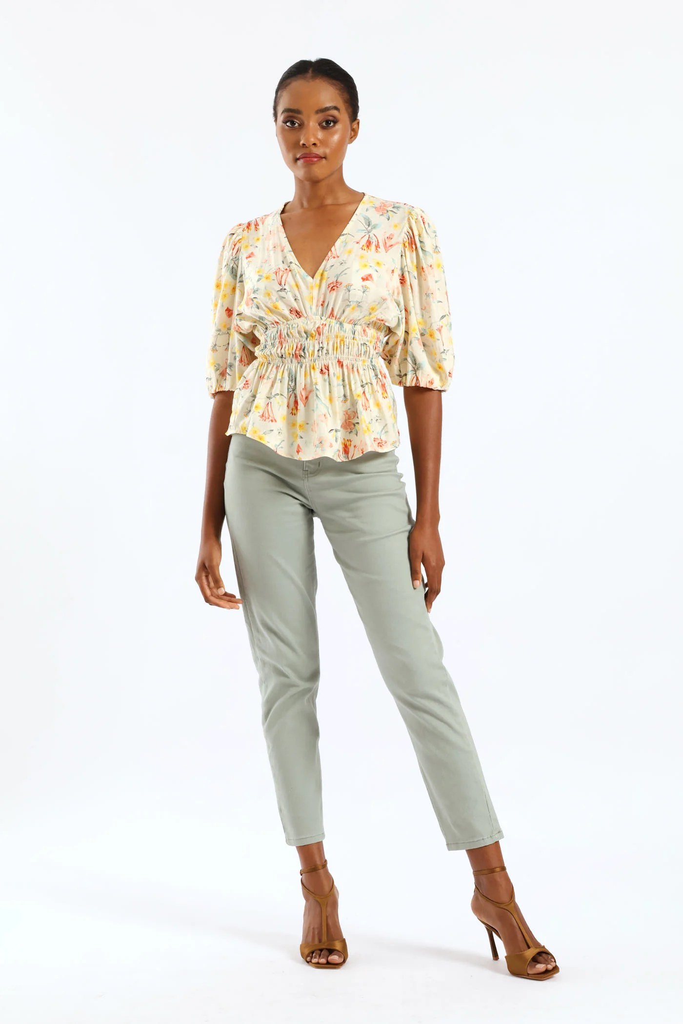 Bubble Sleeve V-Neck Peplum Printed Blouse - White - Image 4