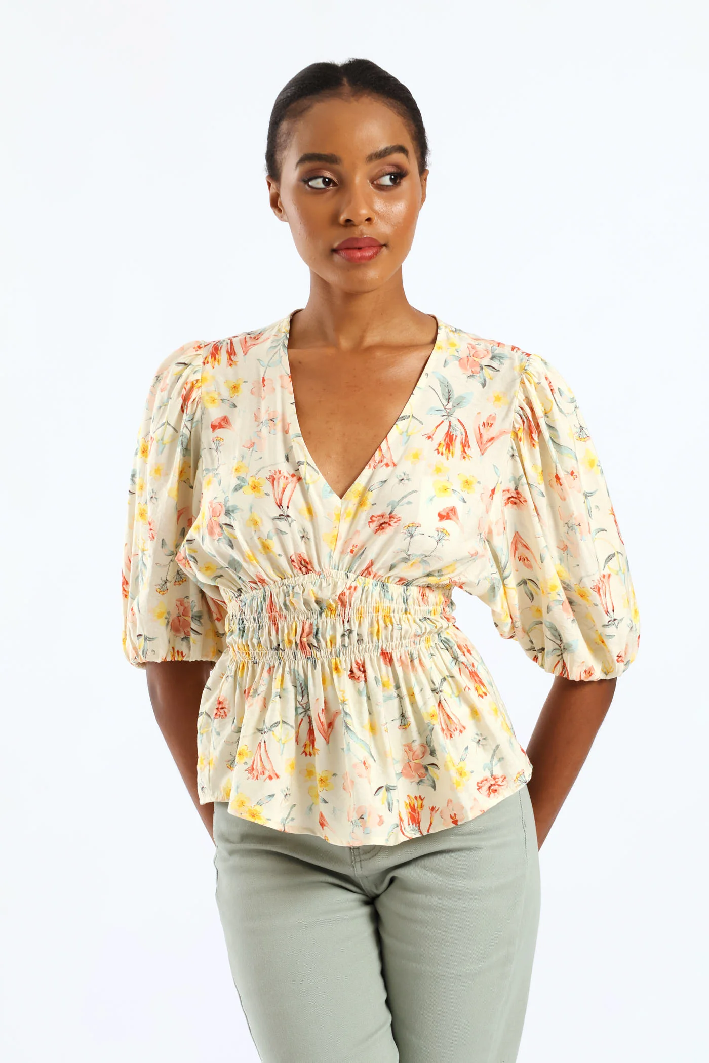 Bubble Sleeve V-Neck Peplum Printed Blouse - White - Image 5