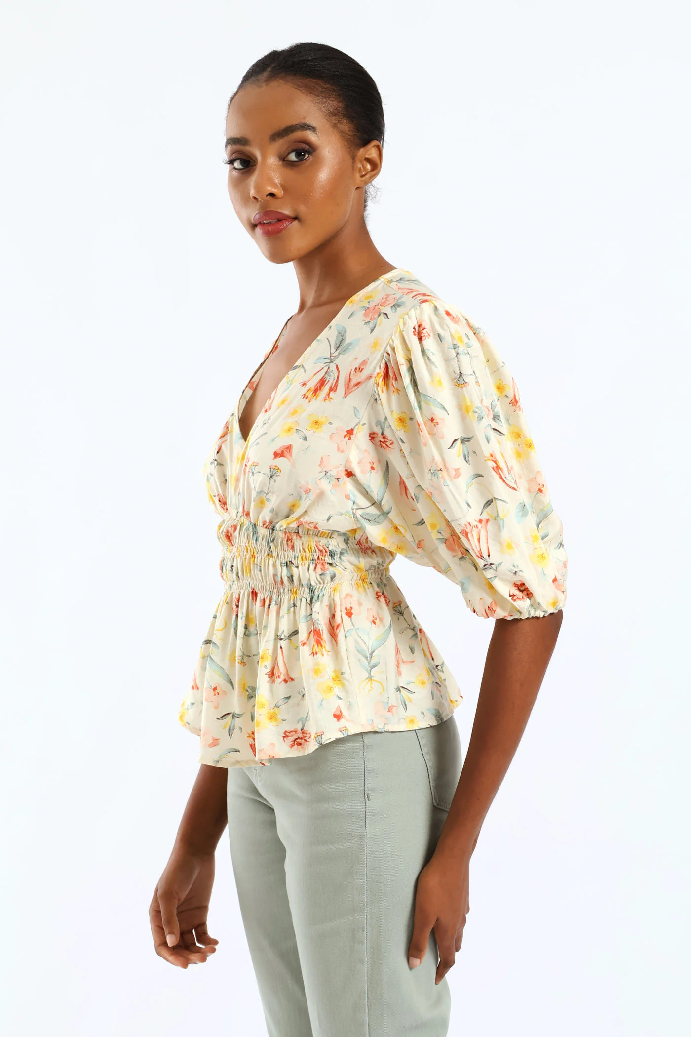 Bubble Sleeve V-Neck Peplum Printed Blouse - White - Image 6
