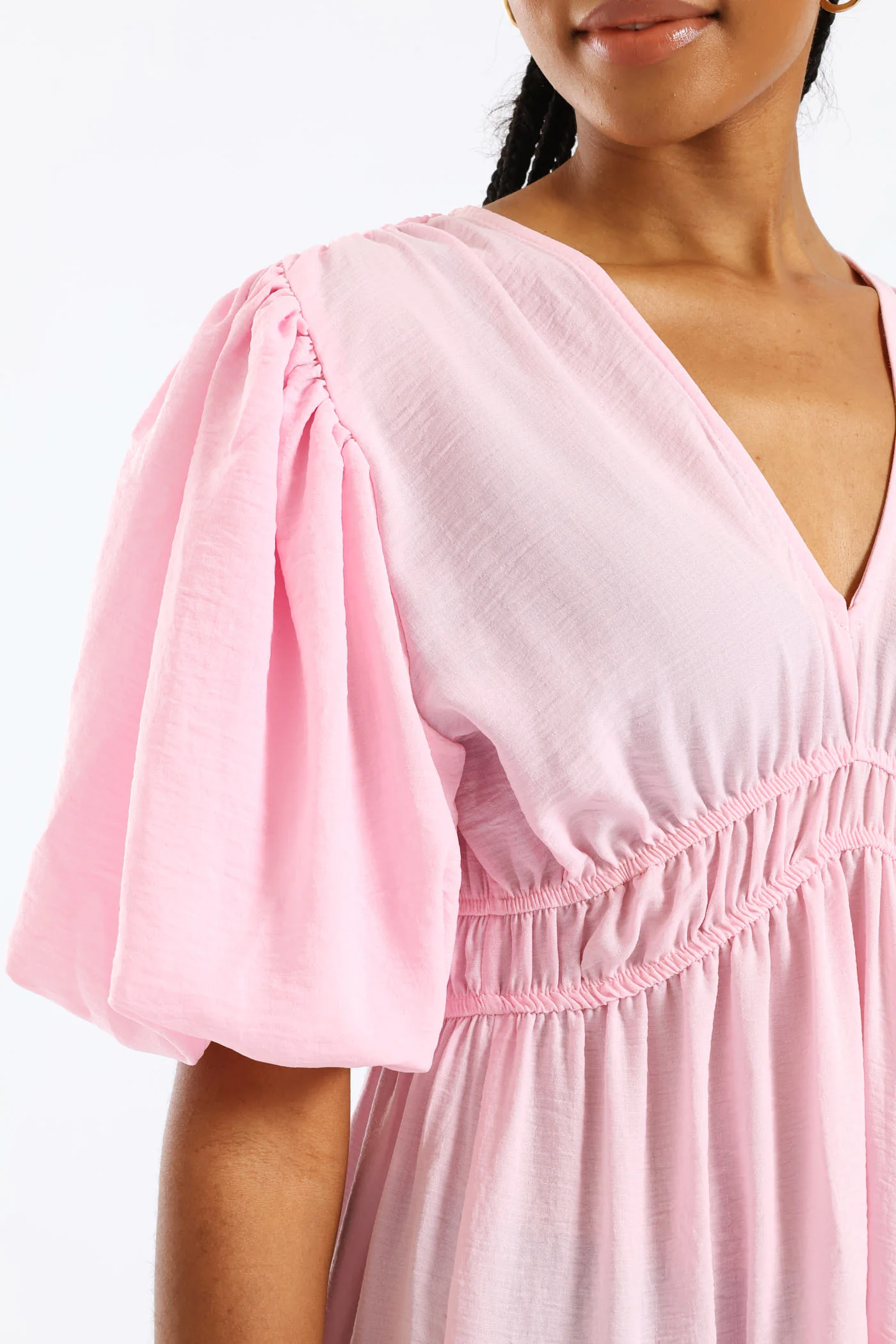 Bubble Sleeve V-Neck Tiered Midaxi Dress - Ice Pink - Image 2