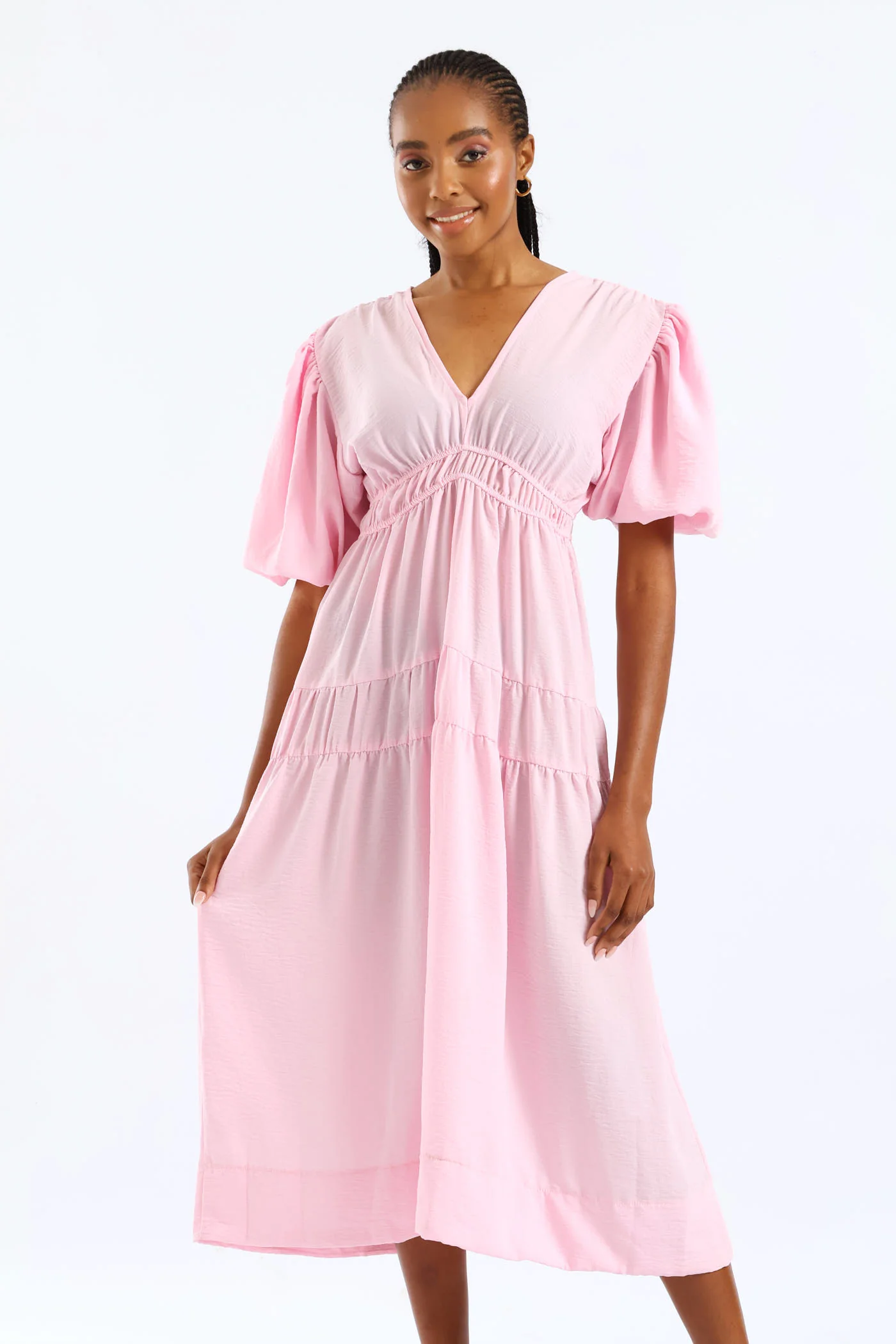 Bubble Sleeve V-Neck Tiered Midaxi Dress - Ice Pink - Image 3