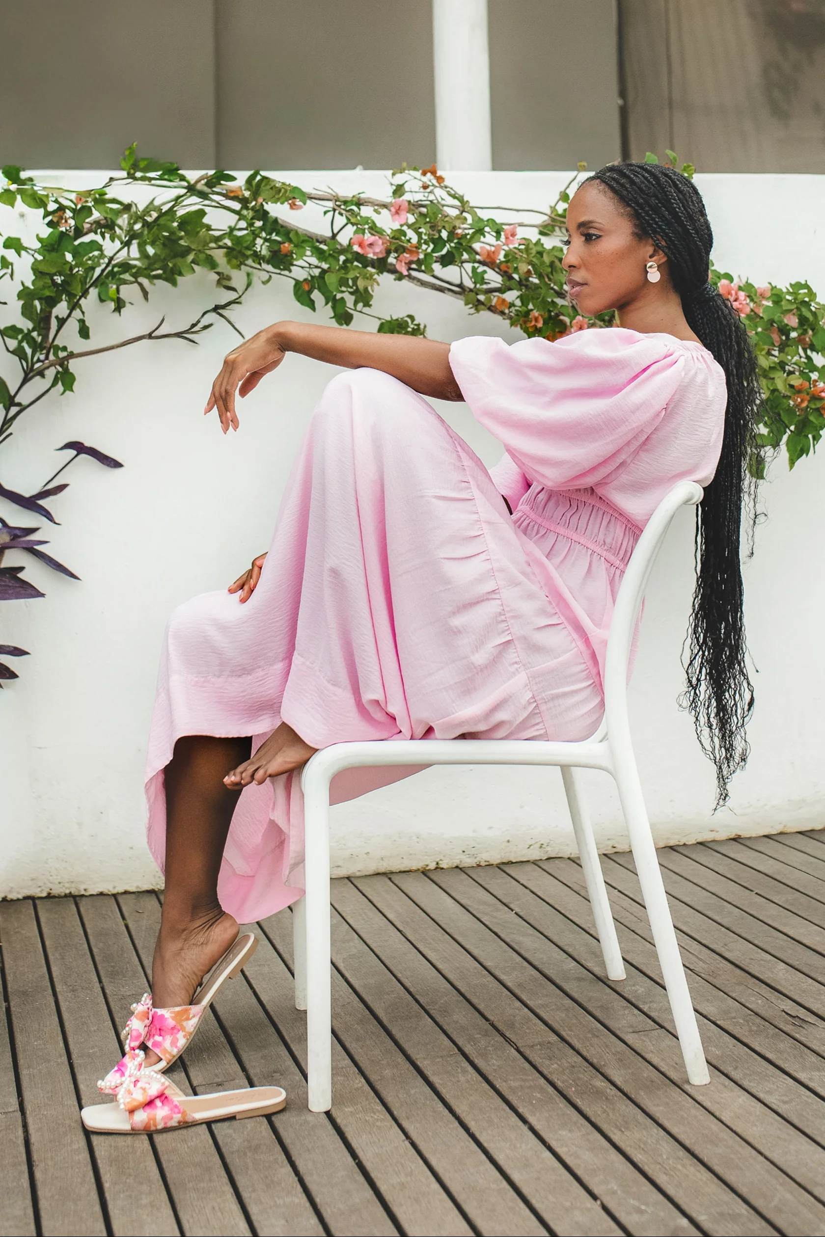 Bubble Sleeve V-Neck Tiered Midaxi Dress - Ice Pink - Image 4