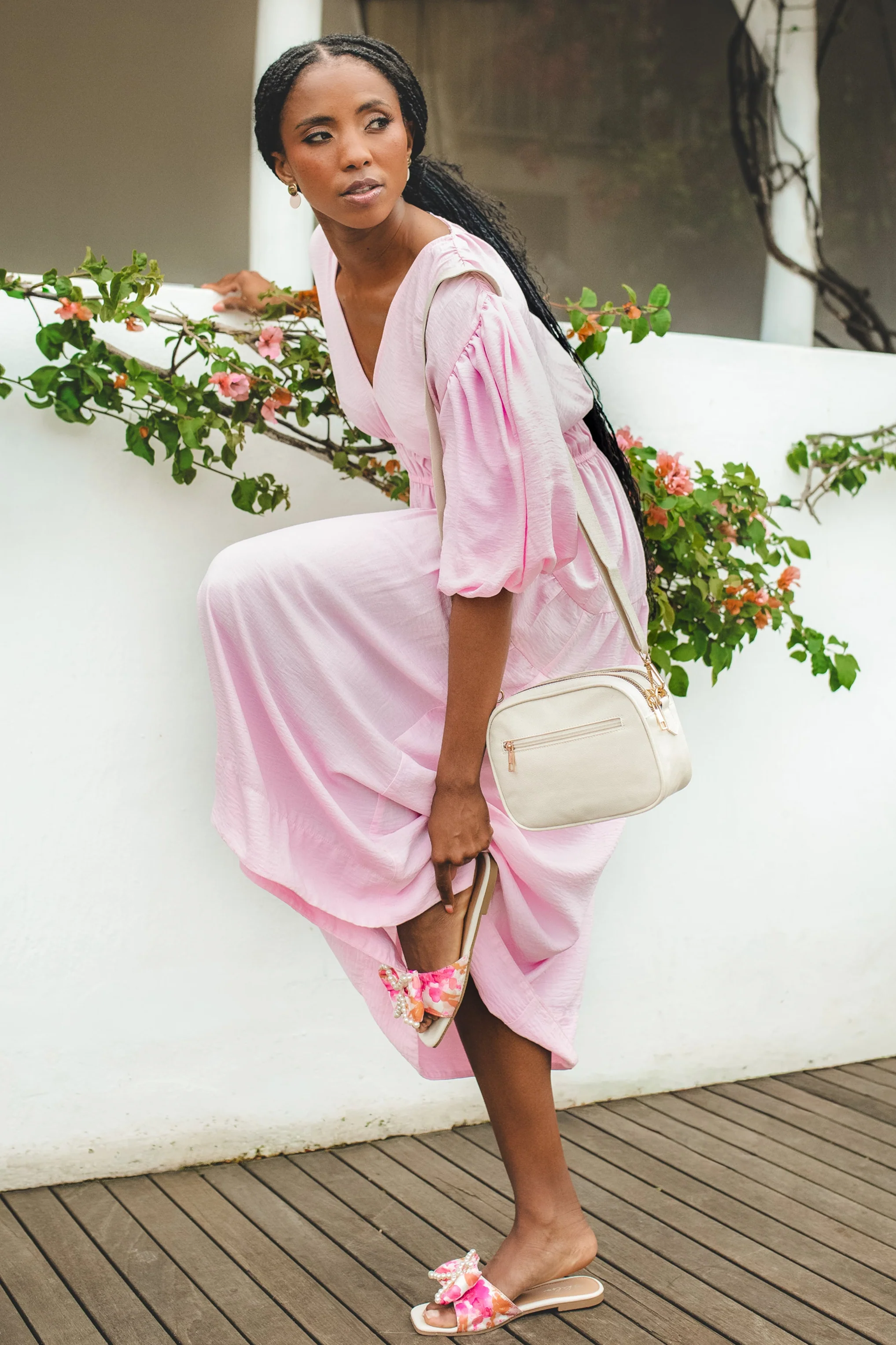 Bubble Sleeve V-Neck Tiered Midaxi Dress - Ice Pink - Image 5