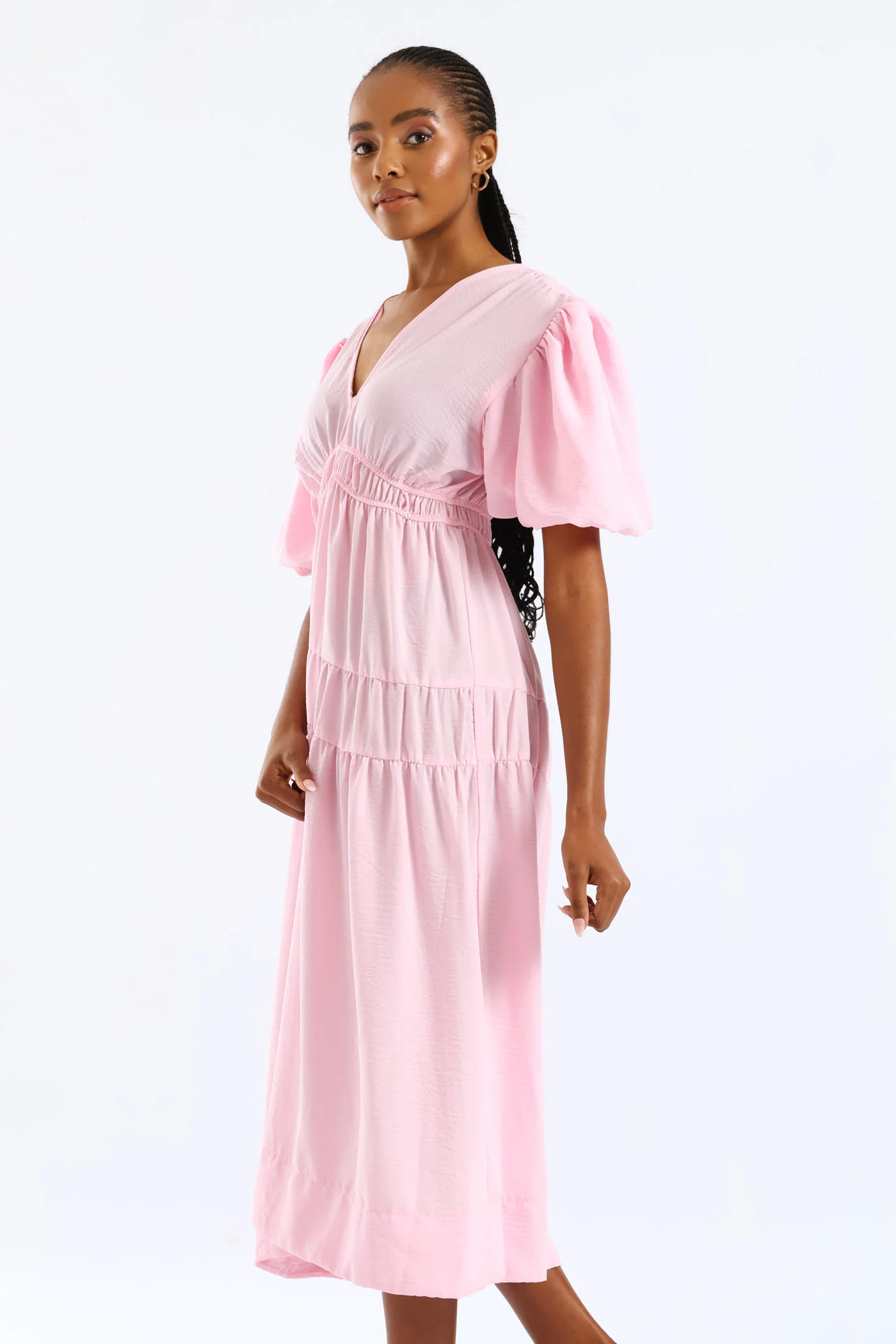 Bubble Sleeve V-Neck Tiered Midaxi Dress - Ice Pink - Image 6