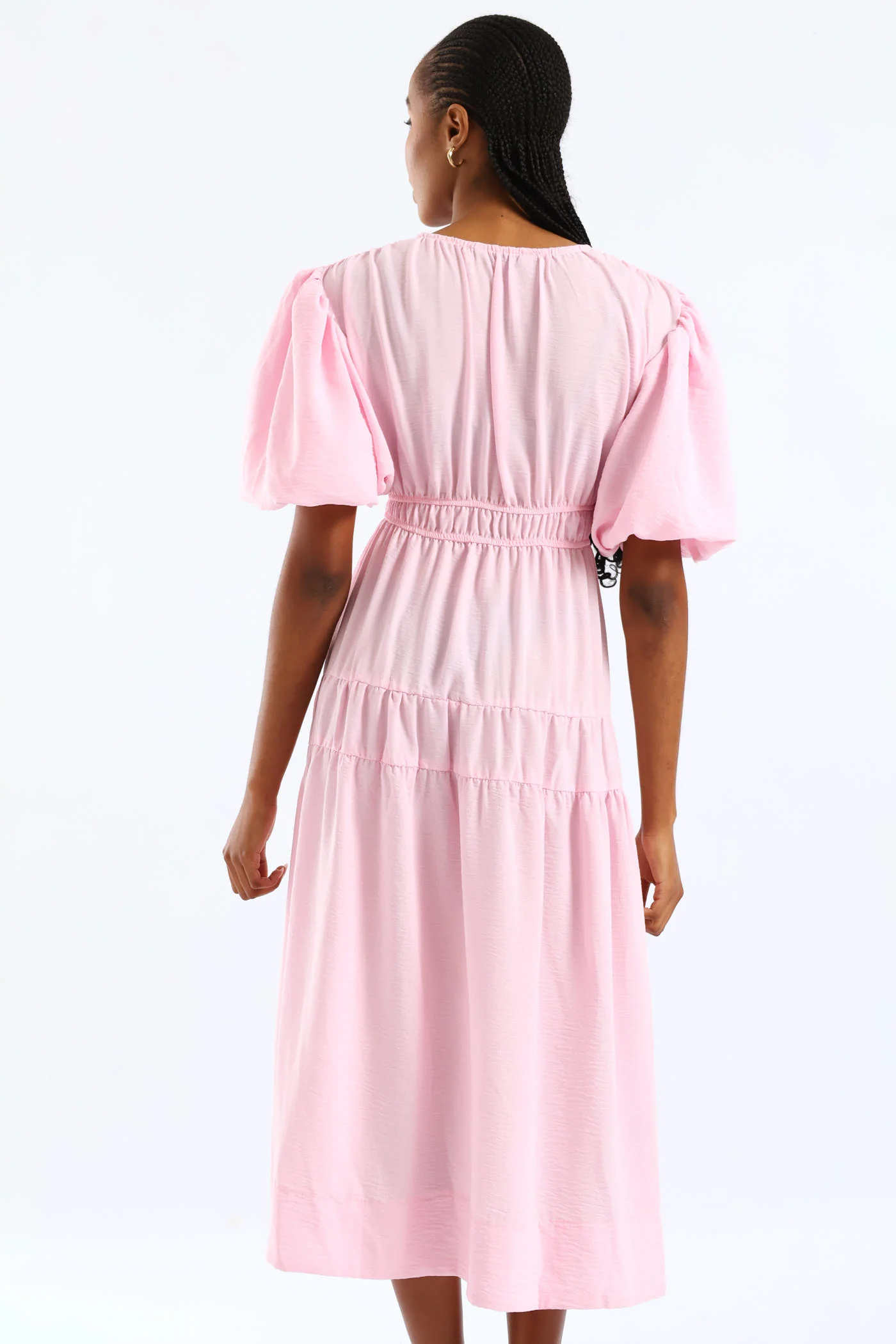 Bubble Sleeve V-Neck Tiered Midaxi Dress - Ice Pink - Image 7