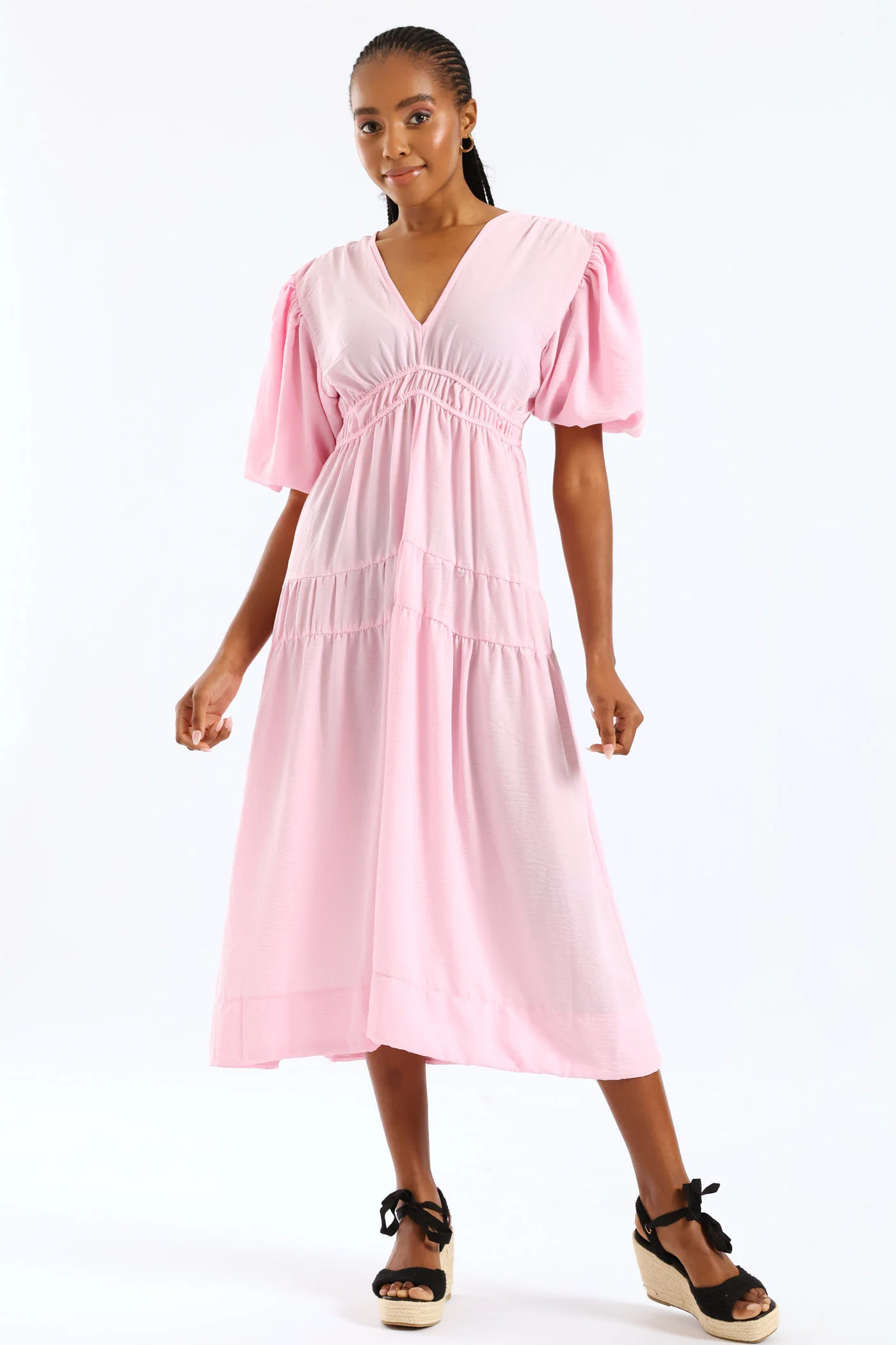 Bubble Sleeve V-Neck Tiered Midaxi Dress - Ice Pink - Image 8