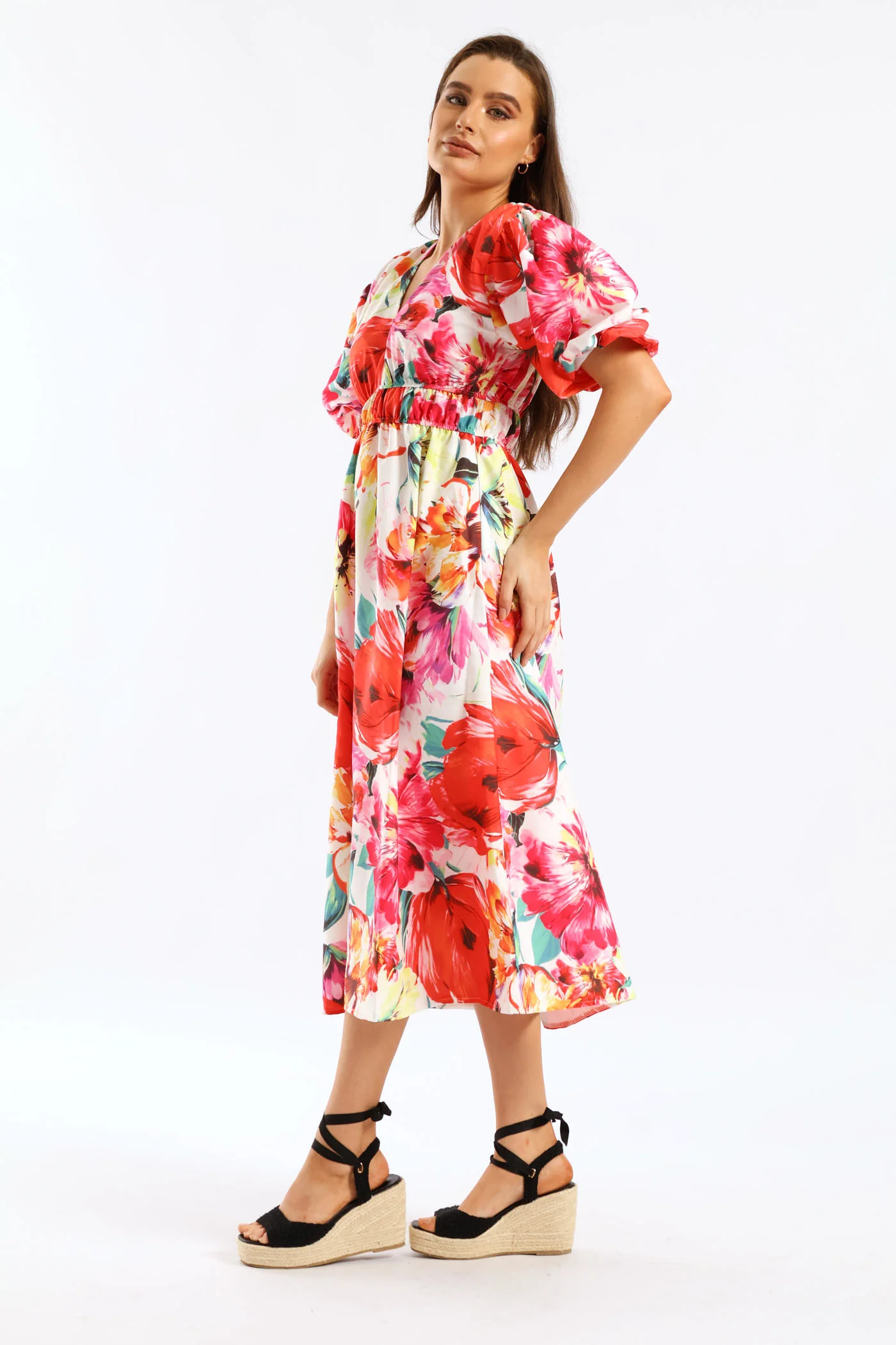 Bubble Sleeve V-Neck Tiered Midi Dress - Multi - Image 3