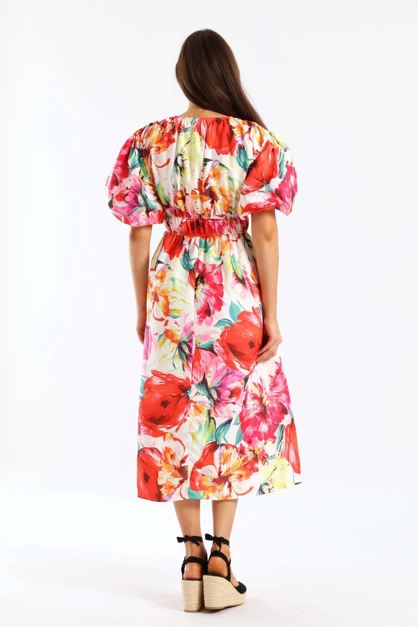 Bubble Sleeve V-Neck Tiered Midi Dress - Multi - Image 4