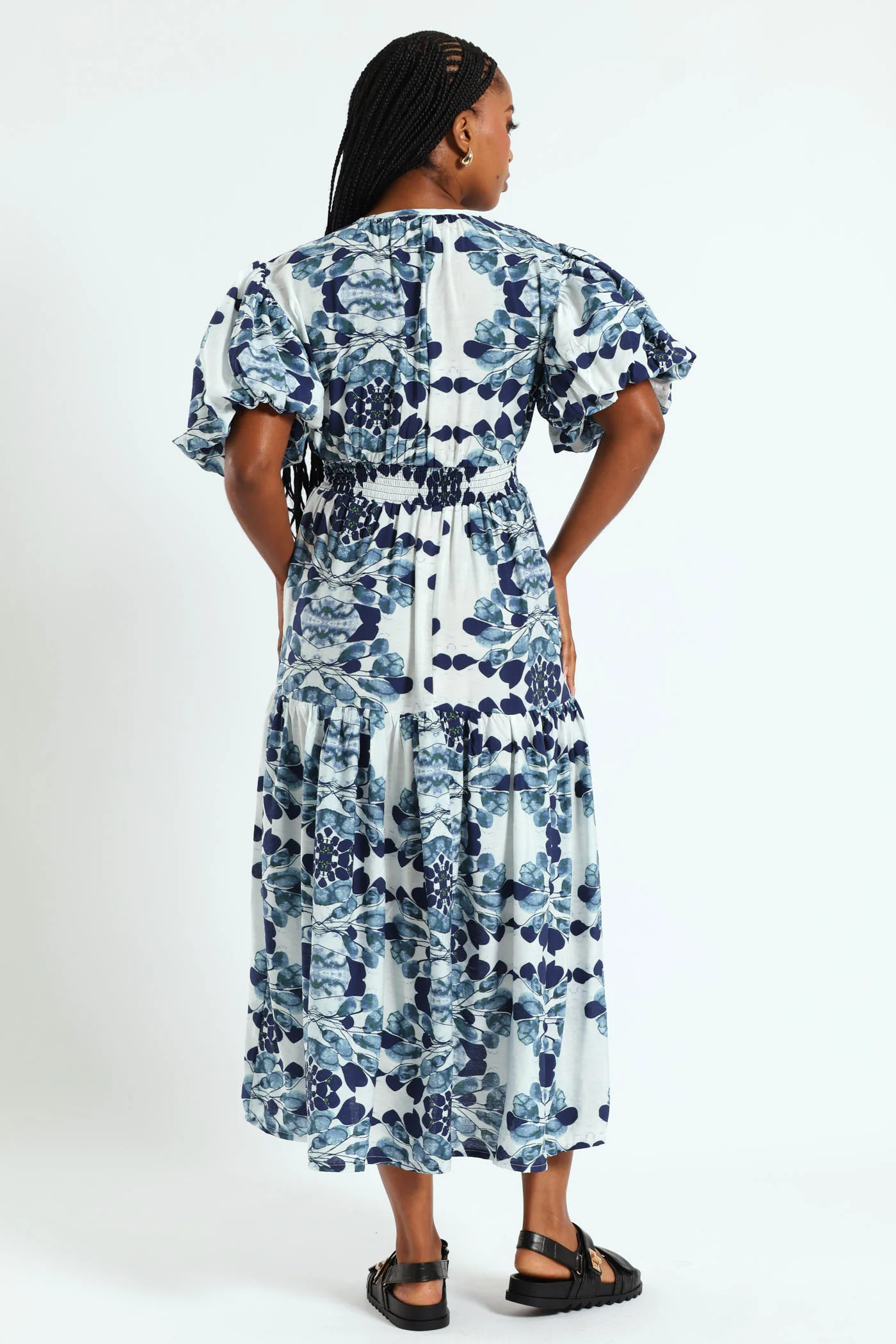 Bubble Sleeve V-Neck Tiered Midi Dress - White/Blue - Image 2