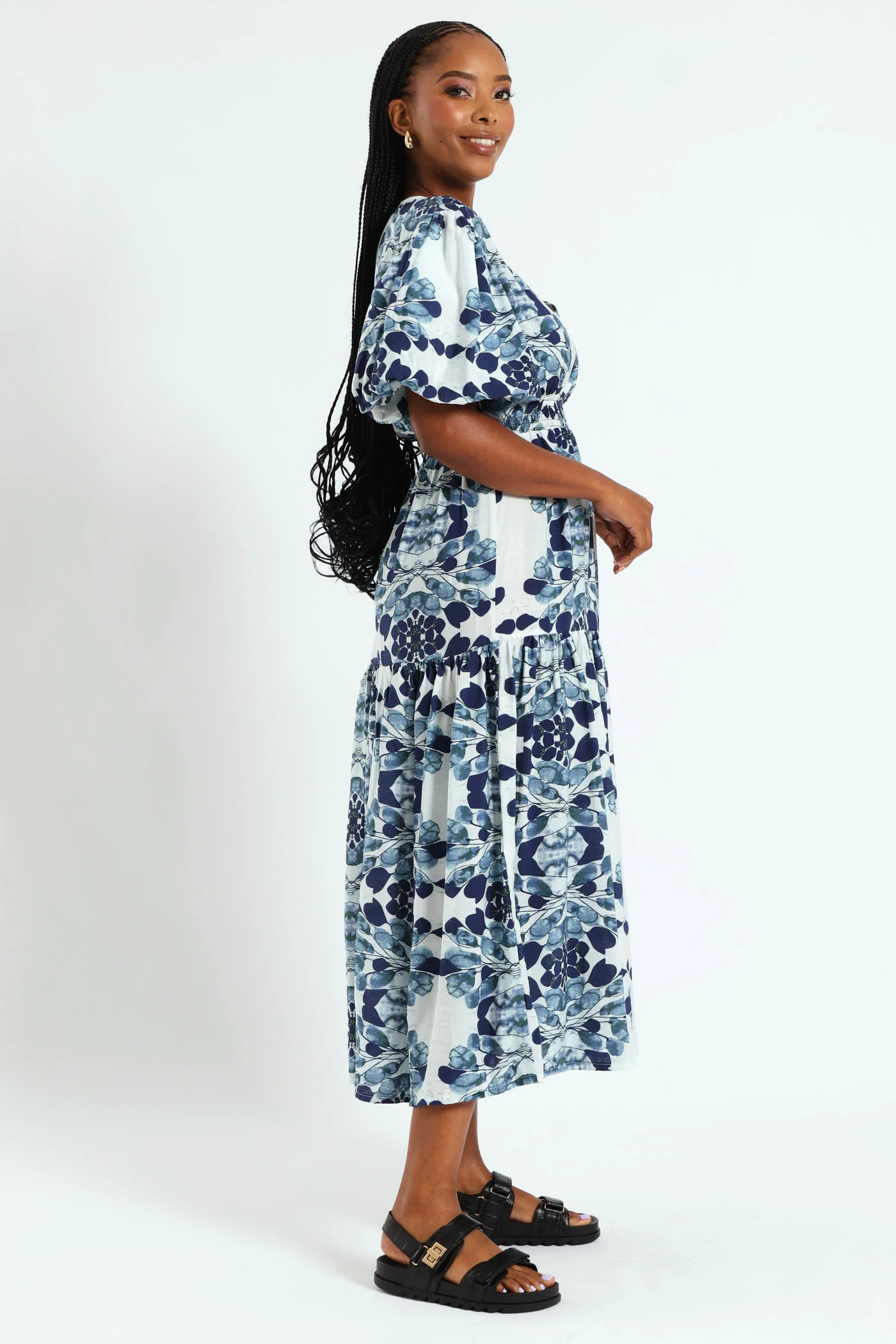 Bubble Sleeve V-Neck Tiered Midi Dress - White/Blue - Image 3