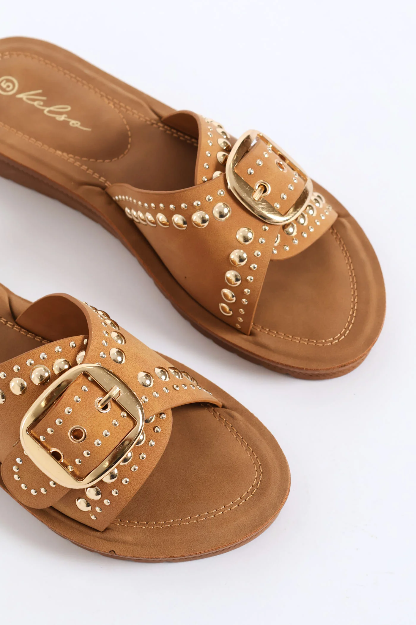Buckle & Stud Detail Comfort Outsole Mule Sandal - Tan - Image 2